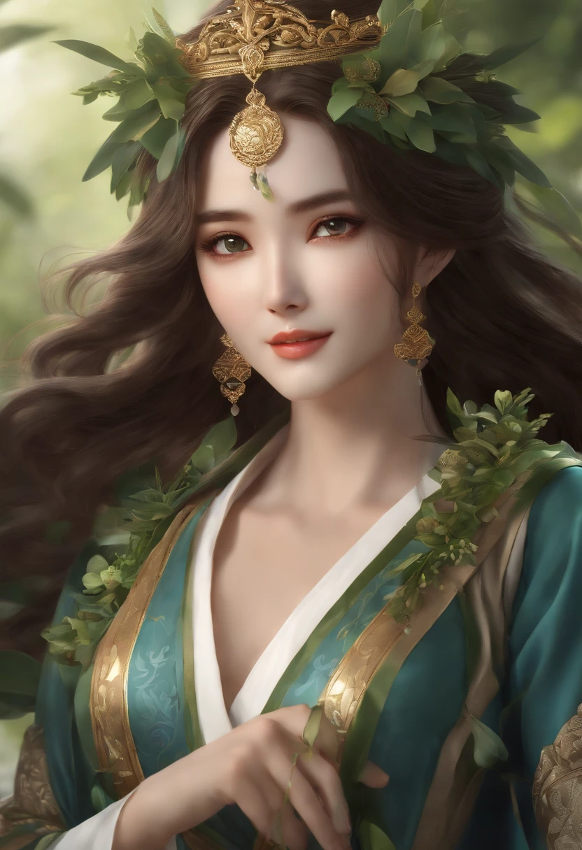 manhwa full body portrait of The Secret of Angel (True Beauty) manhwa , woman , dark brown hair, smiling, flying, olive wreath ,Traditional Thai costume blue green colors , 3D rendering, high quality, realistic, yaongyi style