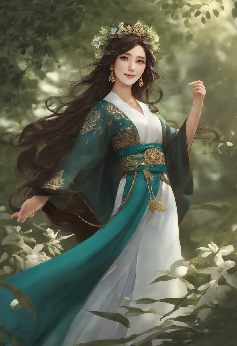 manhwa full body portrait of The Secret of Angel (True Beauty) manhwa , woman , dark brown hair, smiling, flying, olive wreath ,Traditional Thai costume blue green colors , 3D rendering, high quality, realistic, yaongyi style