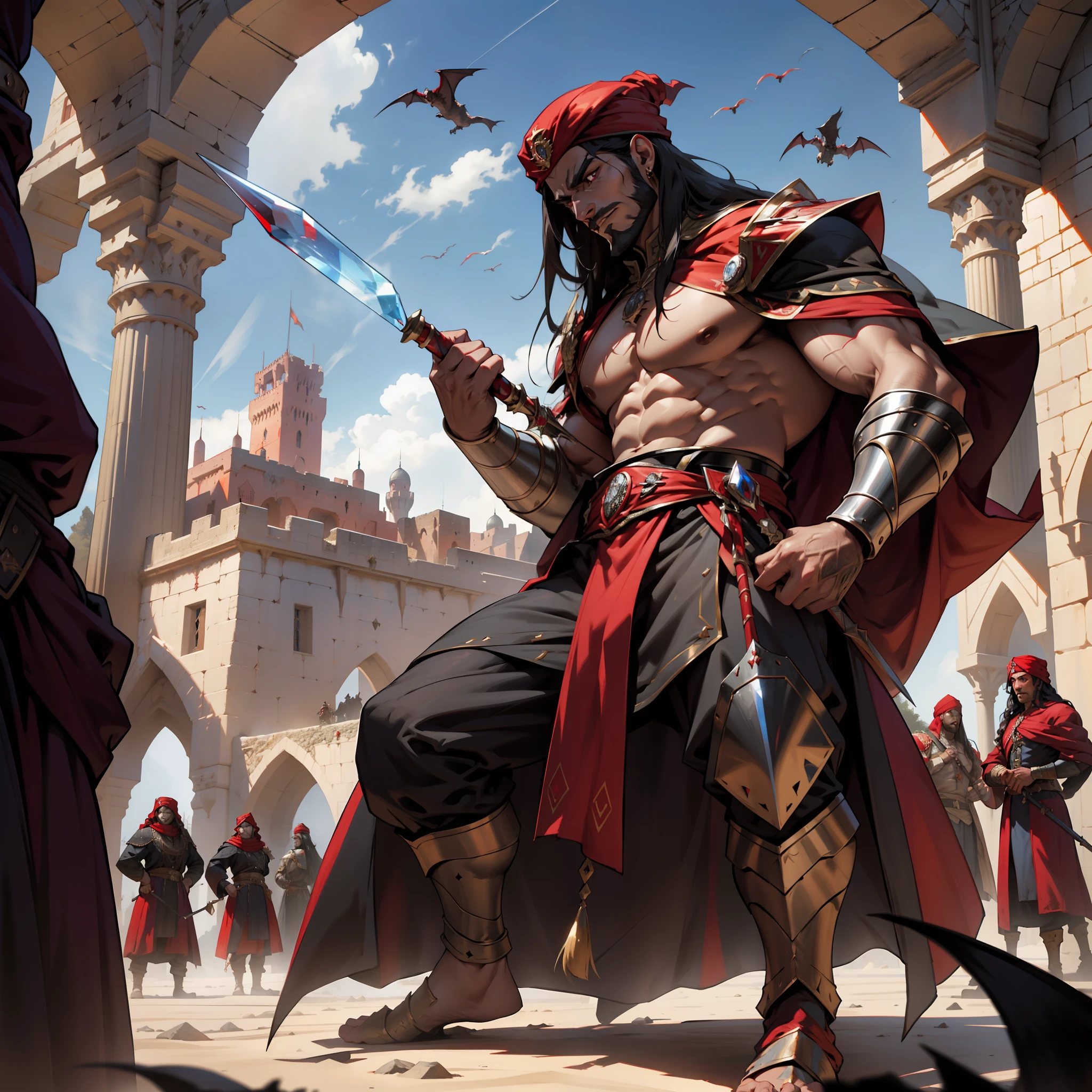 Moroccan Lord Dracula with Red Turban Muscular Handsome Warrior Long Hair White Red Eyes Medieval Crystal Back to His Castle Victorious with His Troops Demon Armed at Noon Super Realistic Super Detailed Dynamic Shot Centerpiece Cinematic Scene Epic Scenes Legendary Movie Proportions Correct Anatomy Correct Poses Hyper Realistic Super Detailed