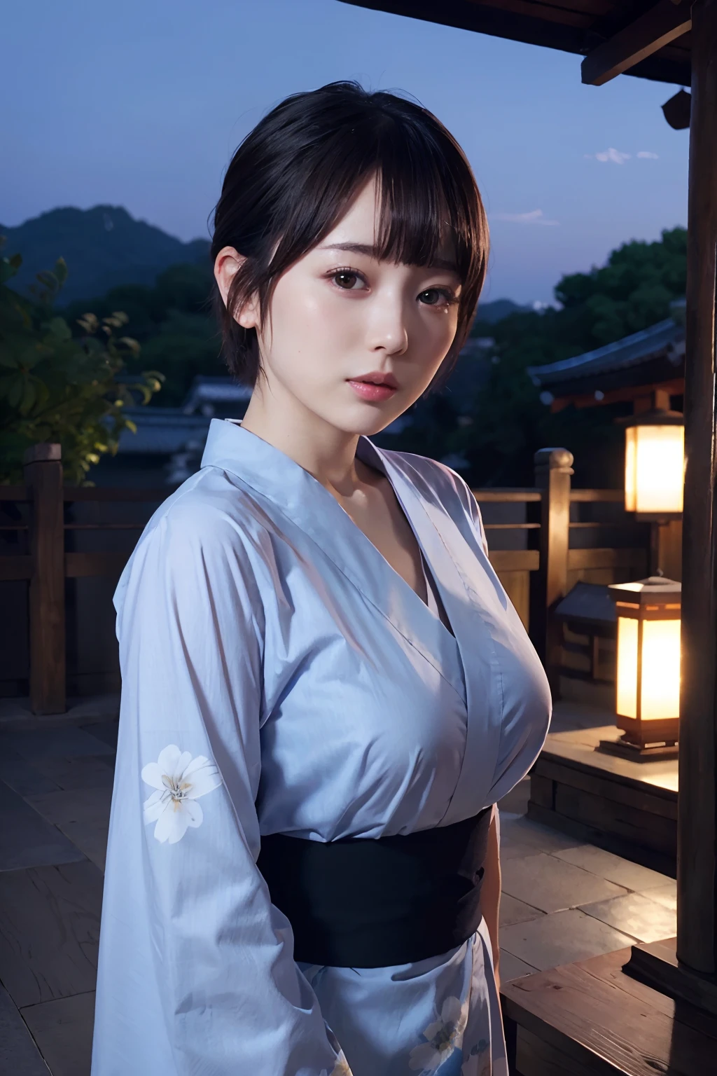 realistic, alone, beautiful japanese woman, undress, Traditional kimono, natural appearance, soft smile, impressive sight, traditional hairstyle, Japanese-style room at dusk, sitting by the window, illuminated by the city lights, (attractive pose), professional photographer, shallow depth of field, with backlight, large breasts, bare nipples