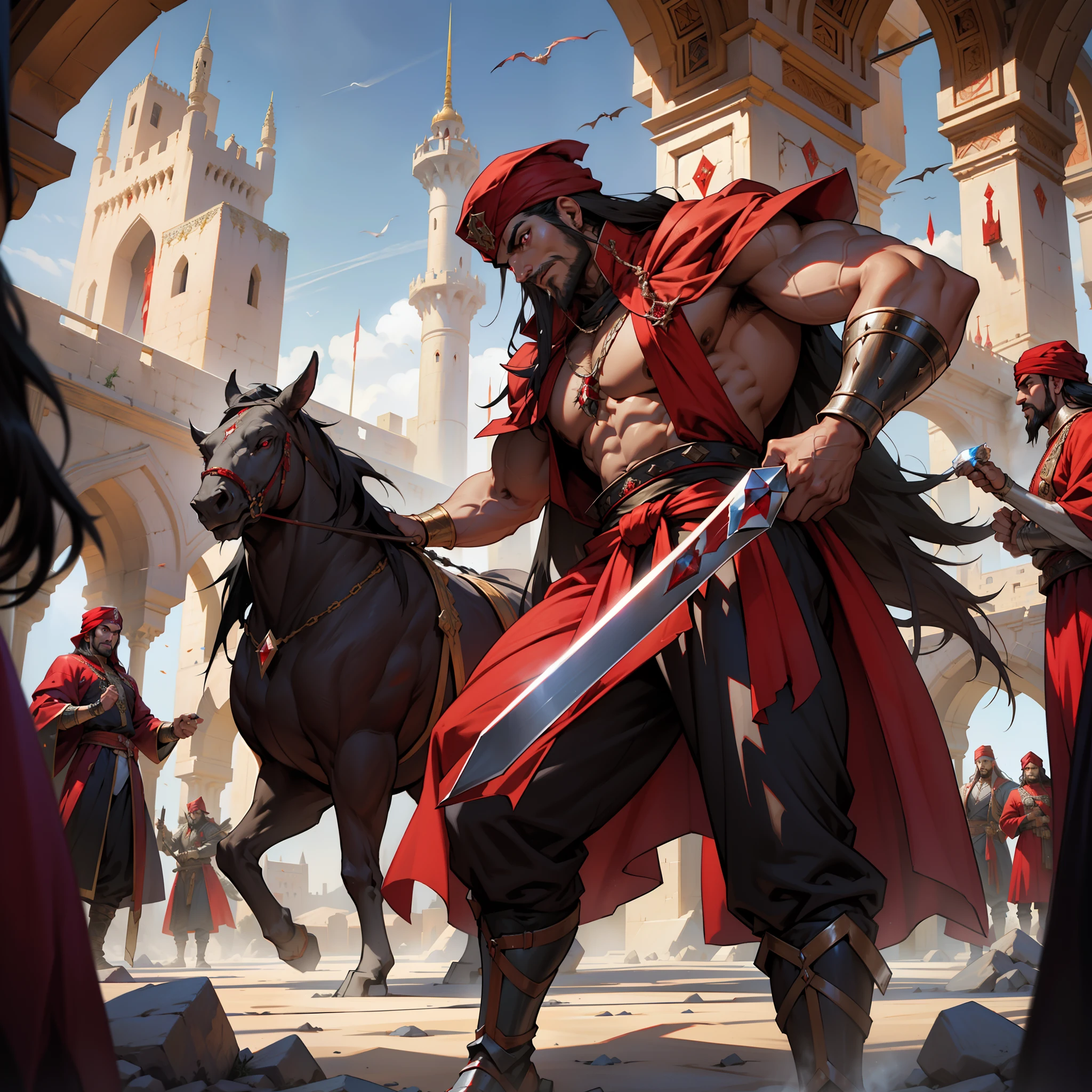 Moroccan Lord Dracula with Red Turban Muscular Handsome Warrior Long Hair White Red Eyes Medieval Crystal Back to His Castle Victorious with His Troops Demon Armed at Noon Super Realistic Super Detailed Dynamic Shot Centerpiece Cinematic Scene Epic Scenes Legendary Movie Proportions Correct Anatomy Correct Poses Hyper Realistic Super Detailed