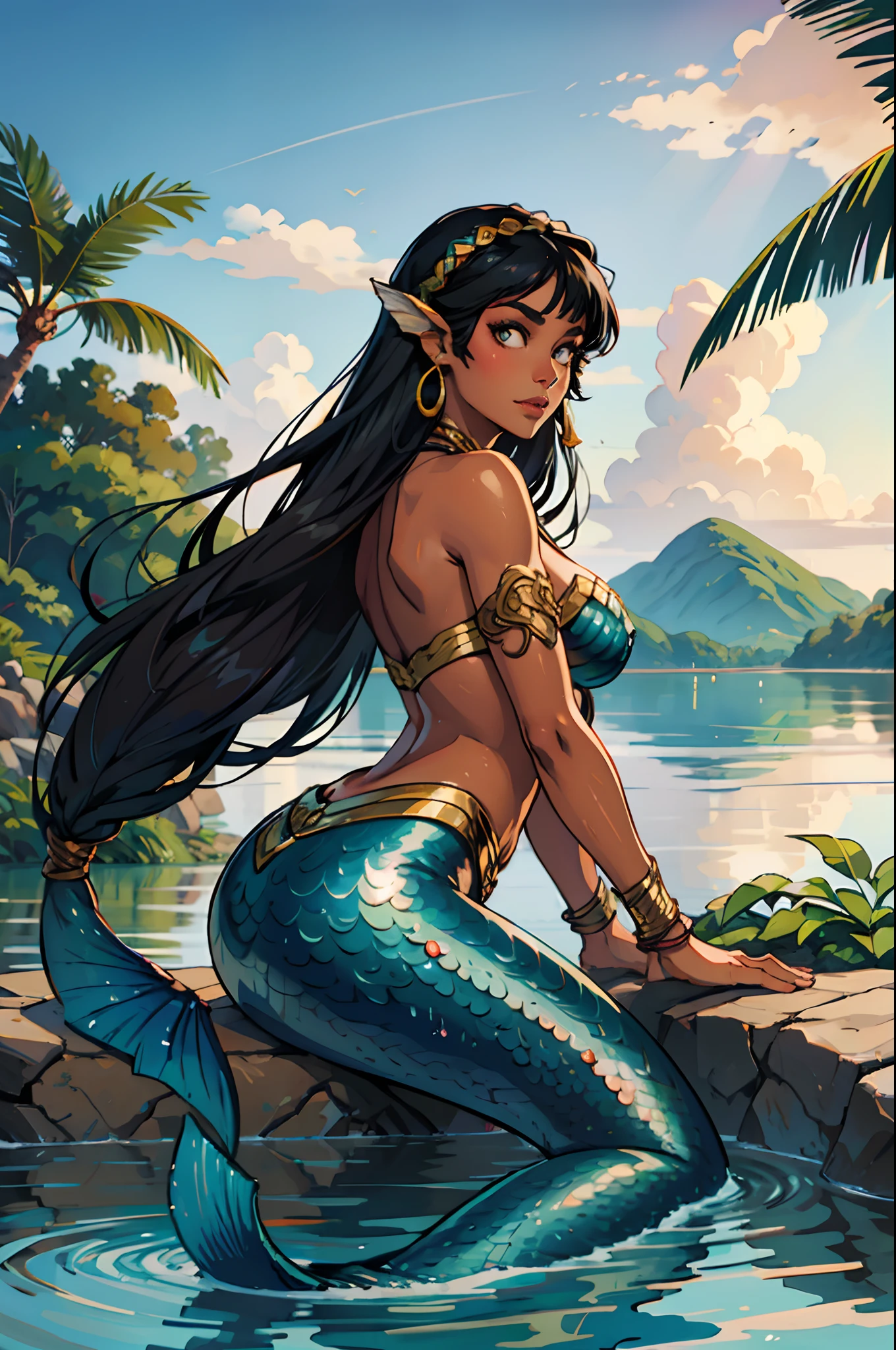 Mermaid, black skin, long straight black hair with bangs, Iara, mermaid, Brazilian folklore, mother of water, Amazon, Uiara, Amazon river, mermaid tail, indigenous