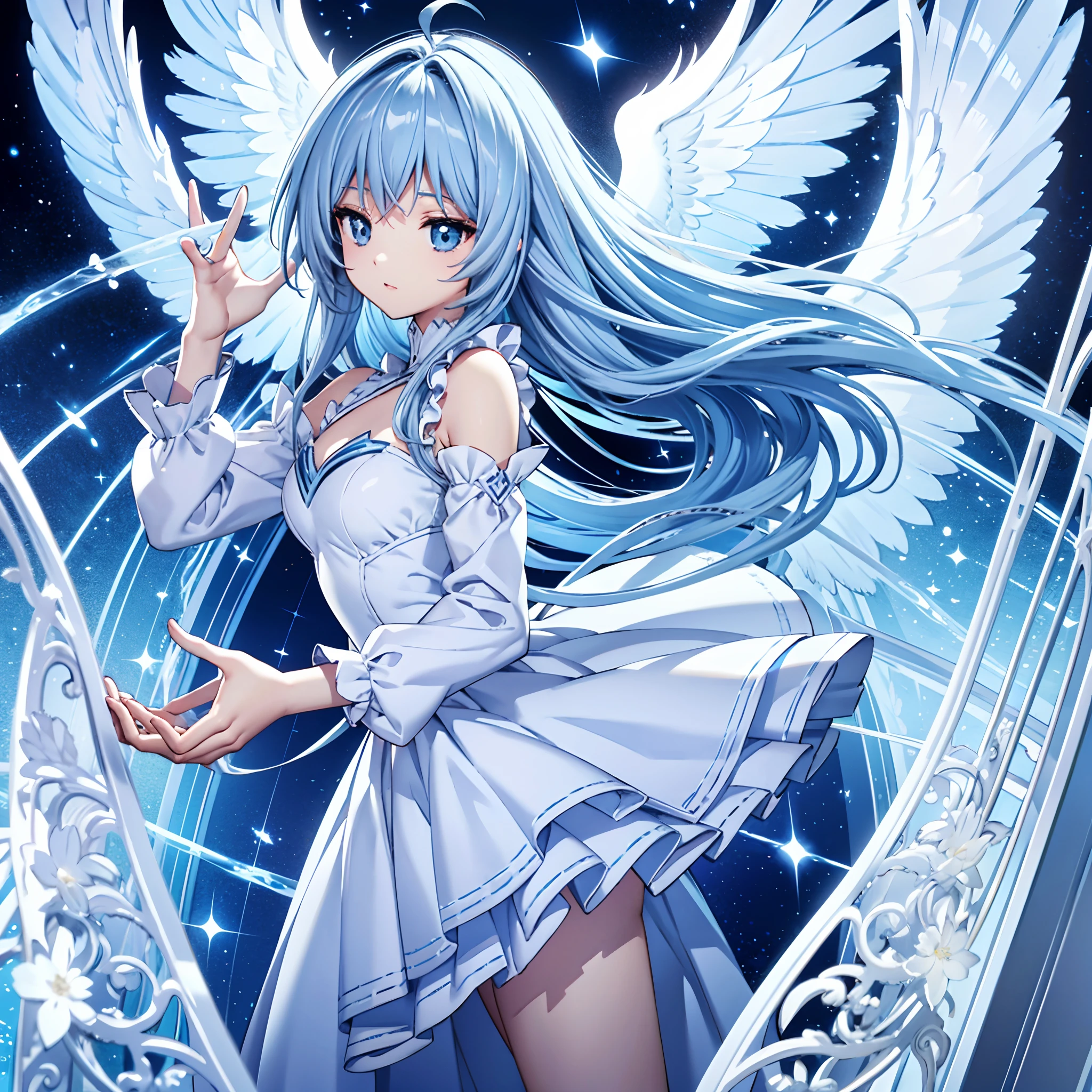 Angel wings、Kawaii Girl、Light blue long hair、Twin-tailed、White Angel Costume、((top-quality))、((​masterpiece))、(ighly detailed、highestdetailed、Official art、Beautifully Aesthetic:1.2)