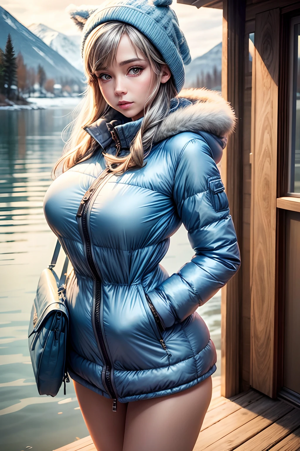 Make a woman with big breast, light blue long winterjacket , with open zipper, with face, body, Lakeside house, travel bag, dog Nude