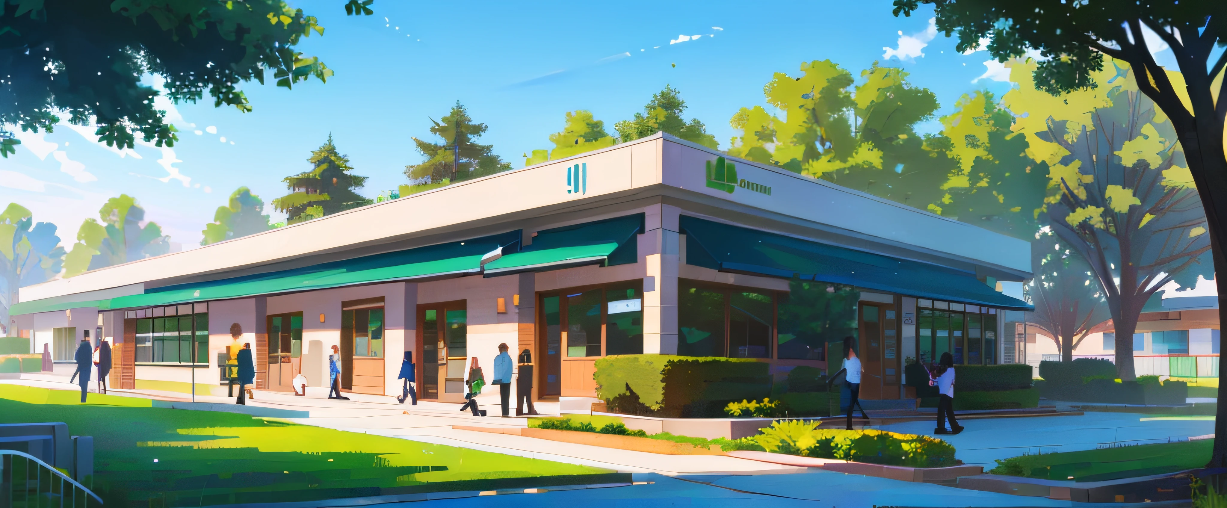 exterior of a community library with lawn and lots of green spaces, people walking in the background