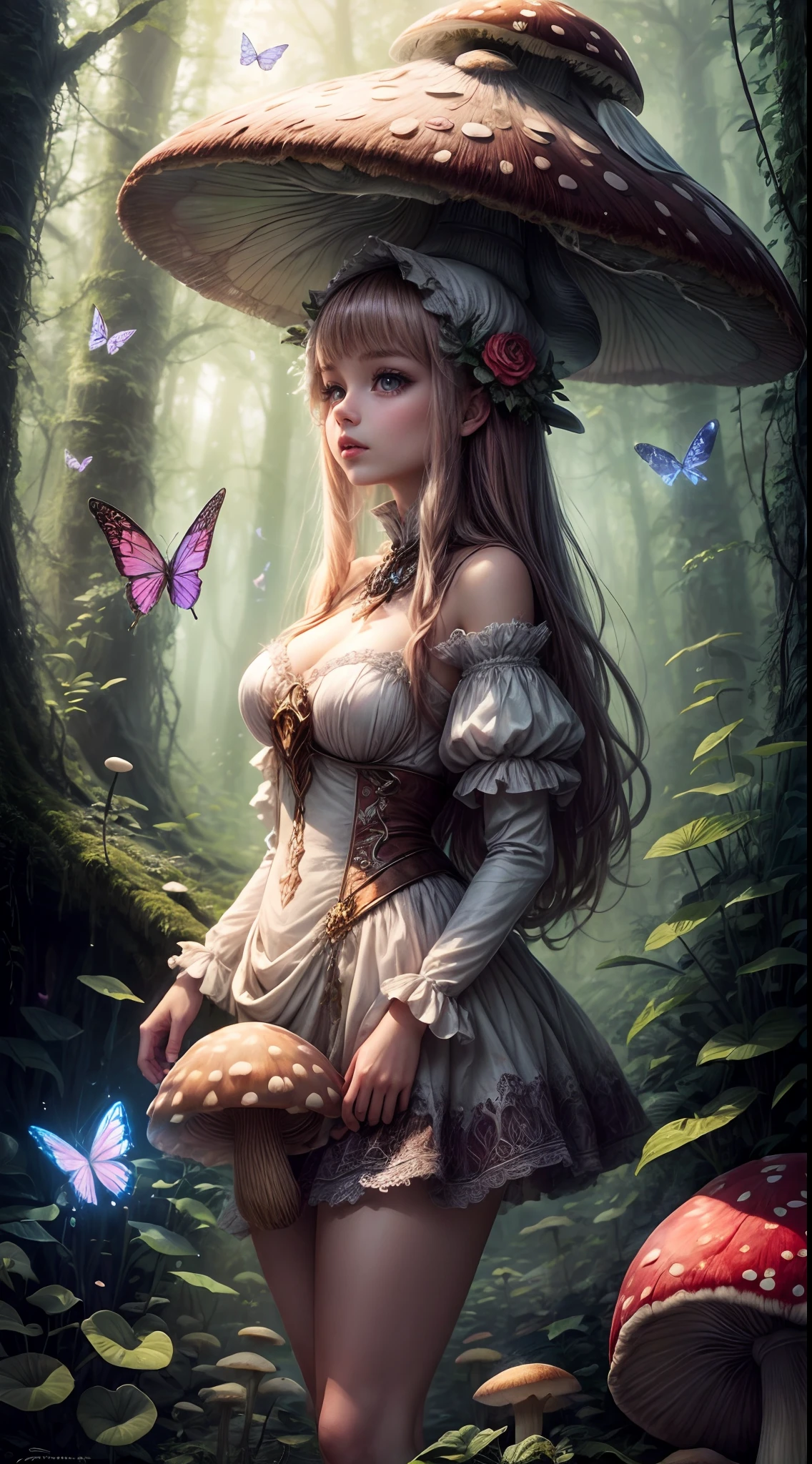 "Enchanting scene, girl and the colossal mushroom, delicate butterflies, mystical mist, ethereal magic, detailed and vivid imagery"