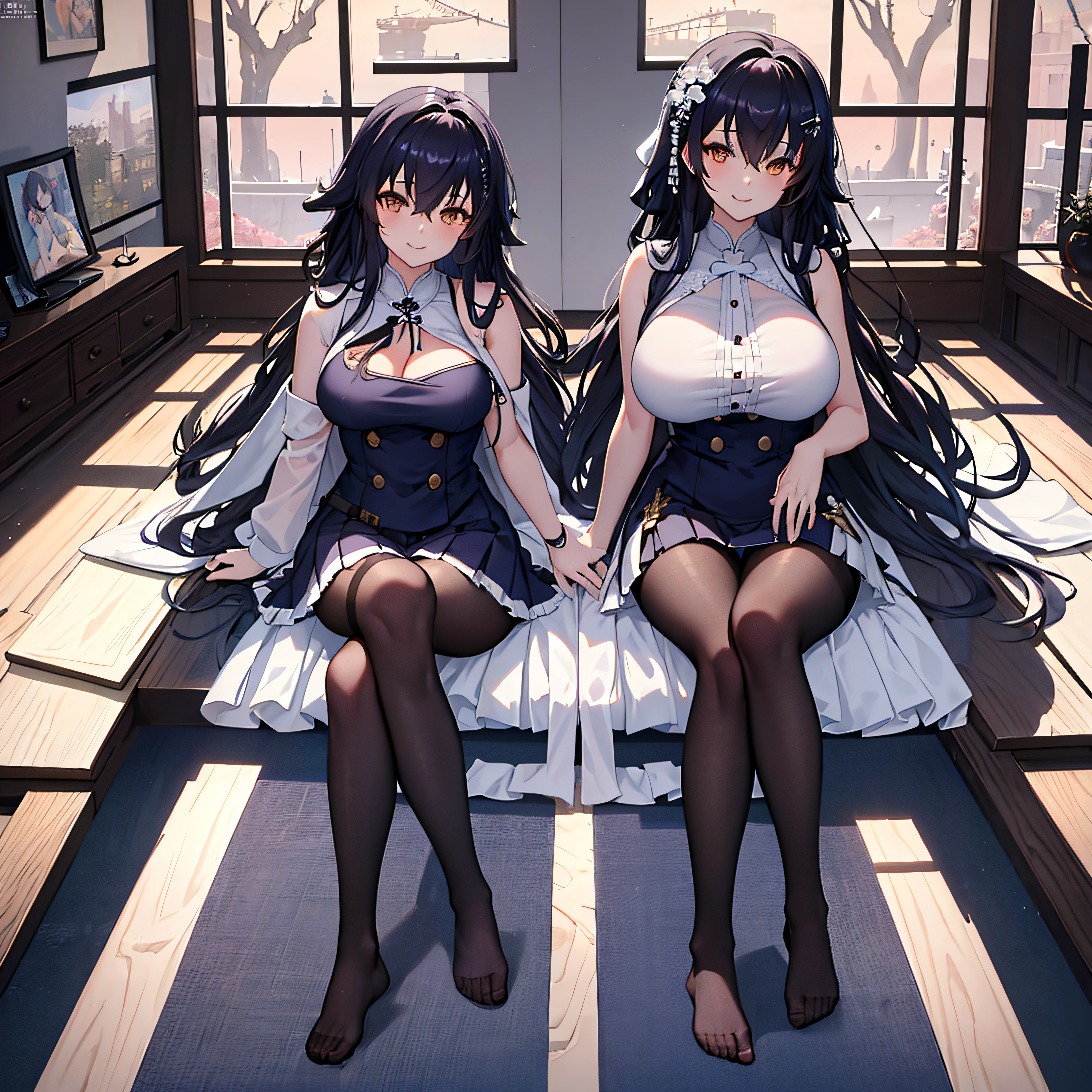 (masterpiece;  best quality:1.2); illustration; 8k; hd; 1girl; solo; black_pantyhose; very_long_hair; hair_ornament; half_gloves; smile; hairclip; black_gloves; hair_between_eyes; large_breasts; white_panties; purple_hair; pleated_skirt; bangs; yellow_eyes; panties_under_pantyhose; jacket_on_shoulders; hair_flower; white_skirt; sidelocks; brown_eyes; ; 
Azuma (Azur Lane); from Azur Lane; Azur Lane style; beautiful anime girl sitting in a majestic chair inside an elegant bedroom; 1 girl; older female; mature woman; long hair; black hair; cleavage; large breasts; chinese dress; qipao; dark blue skirt; black stockings; pantyhose; beautiful feet; detailed feet; detailed toes; black gloves; beautiful hands; detailed hands; detailed fingers; thick thighs; shaped legs; fit body; 
looking at viewer; seductive anime girl; seductive look; sexy pose; full body; (full body shot:1.1); beautiful detailed eyes; beautiful detailed girl; curvy:1.1; dynamic pose; fashion clothing with diverse colors; perfect eyes; perfect face; perfect retina; perfect hands; perfect fingers; perfect feet; perfect toes; ultra detail face; ultra detail hair; very detailed eyes and face; 
ambient occlusion; cinematic lighting; field of view; fluid motion; harmony; interconnected elements; movie lighting; photorealistic lighting; realistic shadows; (vibrant colors:1.05); vivid lighting; warm and cool color palette; 
(nsfw) Not Safe For Work;
amazing; solo; trending on artstation pixiv; 8k wallpaper; best quality; CG; detailed painting; fine detail; (High Quality:1.4); high resolution; huge file size; illustration; Intricate Details; masterpiece; (photorealistic:1.4); professional artwork; (raw photo:1.2); reflective art; sharp focus; super detailed; unified; very detailed; extremely detailed artgerm;
