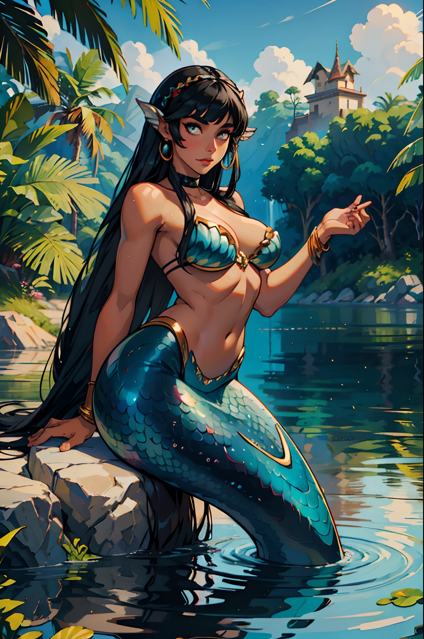 Mermaid, black skin, long straight black hair with bangs, Iara, mermaid, Brazilian folklore, mother of water, Amazon, Uiara, Amazon river, mermaid tail, indigenous