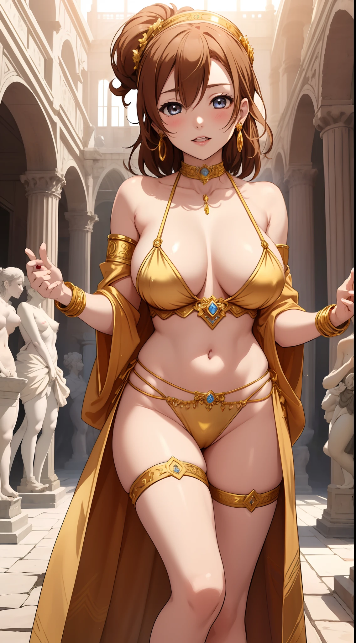 Kousaka honoka, in an ancient Roman coliseum with many statues, wearing a silk loin cloth and nipple covers and diamond earrings and golden choker, legs spread wide open, portrait, masterpiece, highly detailed,big breasts