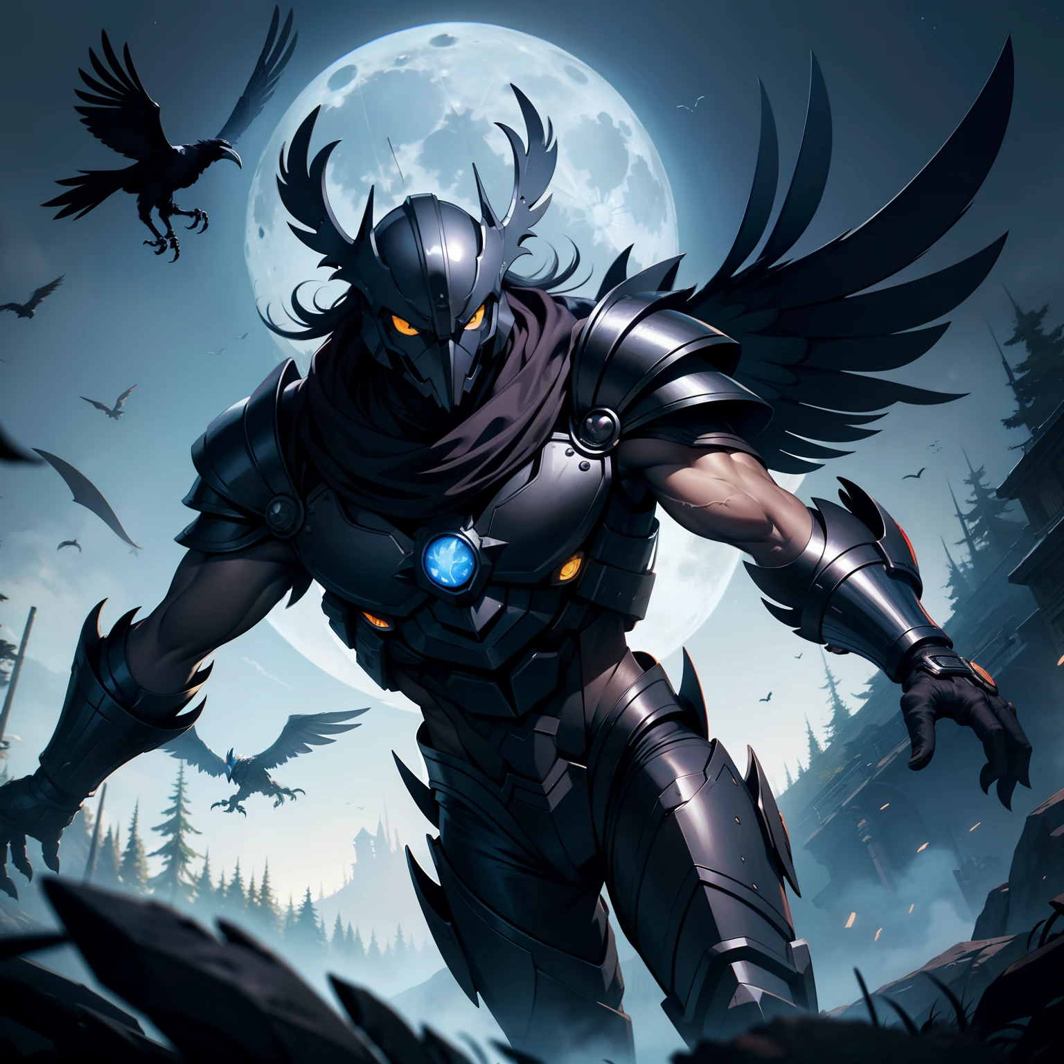 A mechanical creature combining crows and humans，Raven's mask helmet，Strong male body，Exterior and black，The background is the night sky and the full moon，Deep in the forest。