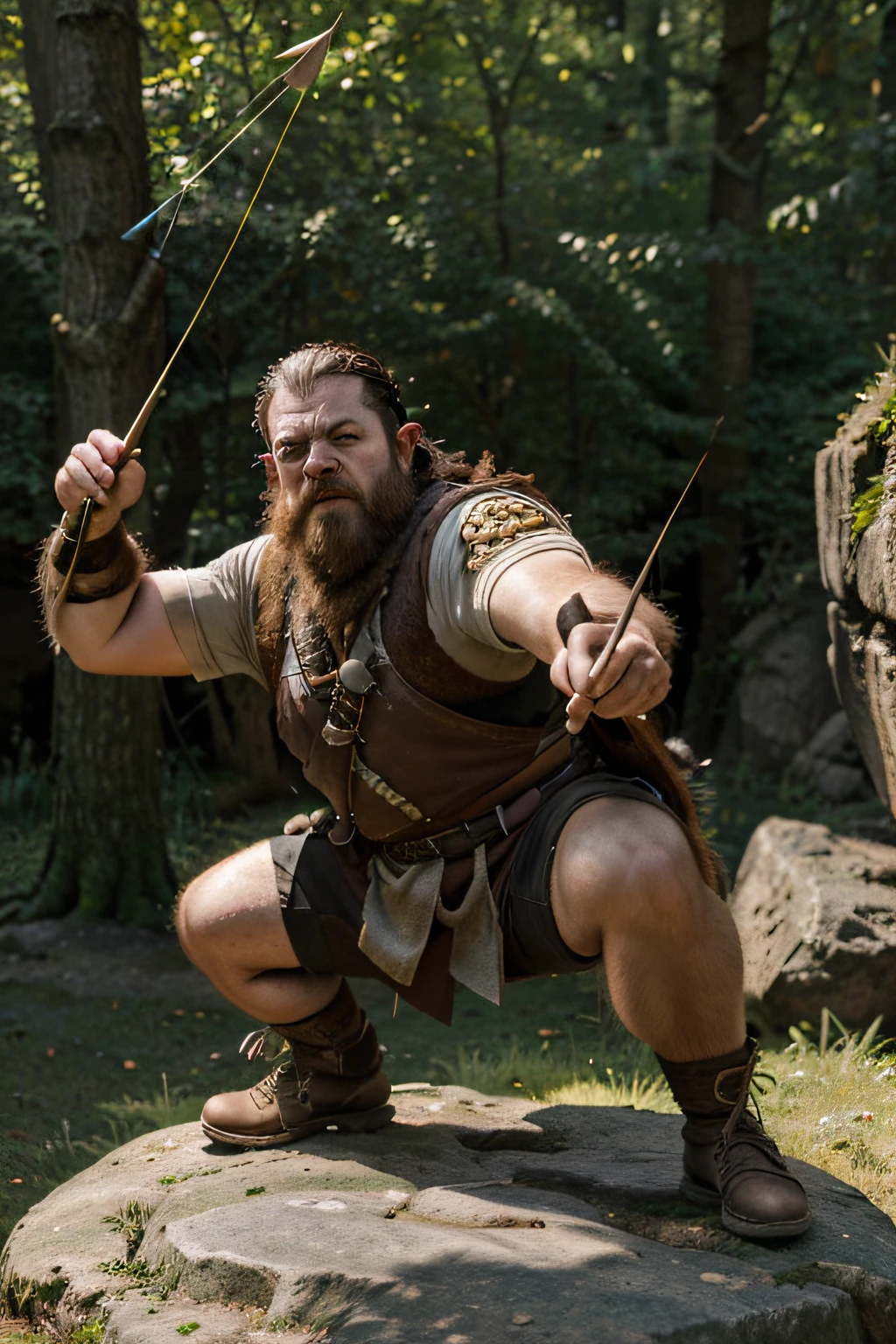 Dwarf, ranger, fantasy, hood, longbow, shortsword, angry, aiming, shooting arrow, on a rock, in forrest, day, mutton chop beard, big round nose, angry face, big hair, lord of the rings, angry lough, jumping, world of warcraft, dnd, dungeons and dragons