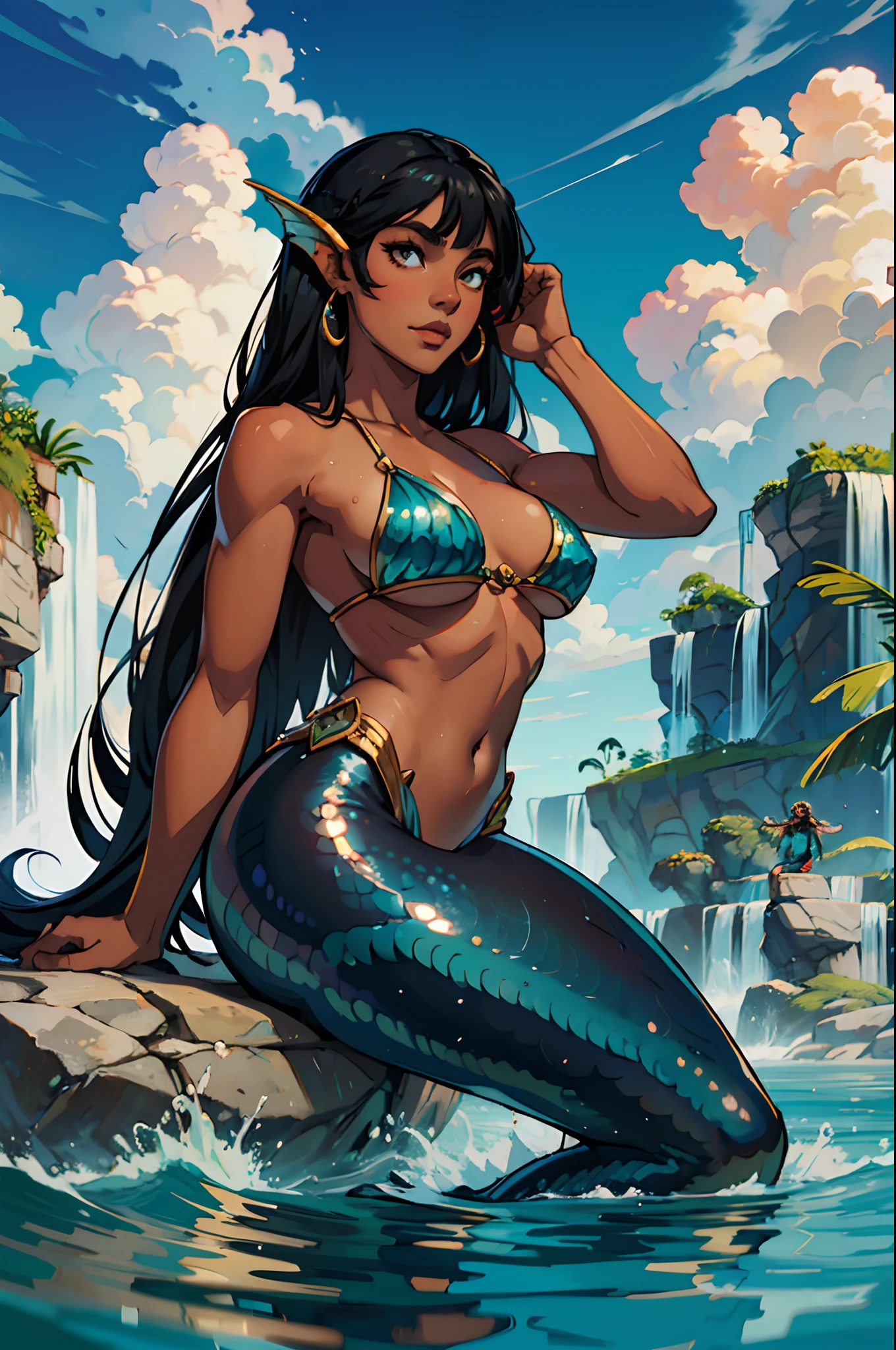 Mermaid, black skin, long straight black hair with bangs, Iara, mermaid, Brazilian folklore, mother of water, Amazon, Uiara, Amazon river, mermaid tail, indigenous