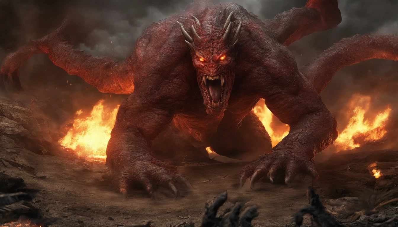 criar uma imagem realista do diabo no meio do inferno, sua boca aberta vomitando lava em chamas, seus olhos e ouvidos jogando chamas;