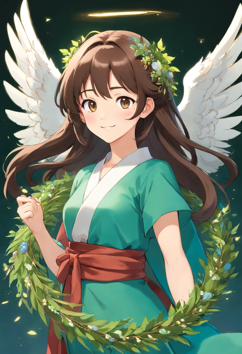 manhwa full body portrait of The Secret of Angel (True Beauty) manhwa , woman , dark brown hair, smiling, flying, olive wreath ,Traditional Thai costume blue green colors , 3D rendering, high quality, realistic, yaongyi style