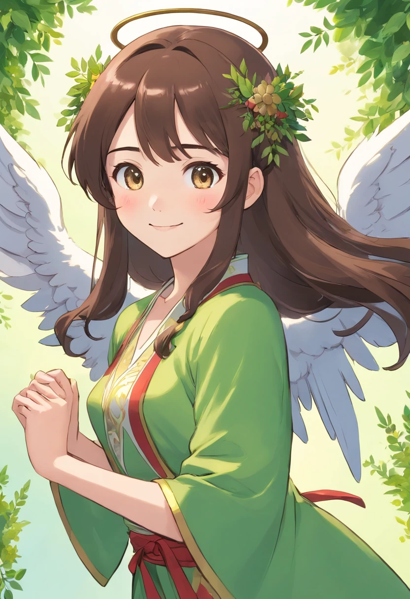 manhwa full body portrait of The Secret of Angel (True Beauty) manhwa , woman , dark brown hair, smiling, flying, olive wreath ,Traditional Thai costume blue green colors , 3D rendering, high quality, realistic, yaongyi style