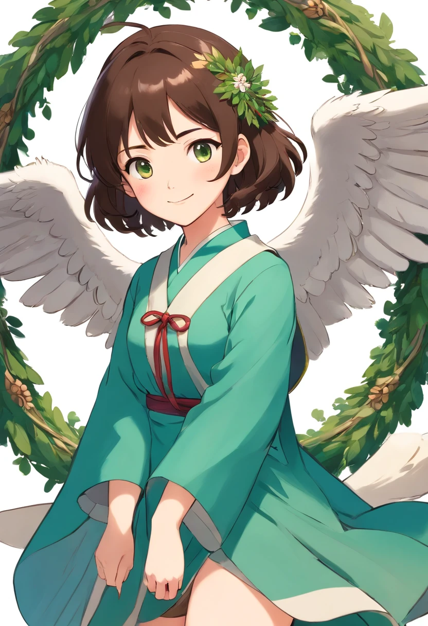 manhwa full body portrait of The Secret of Angel (True Beauty) manhwa , woman , dark brown hair, smiling, flying, olive wreath ,Traditional Thai costume blue green colors , 3D rendering, high quality, realistic, yaongyi style