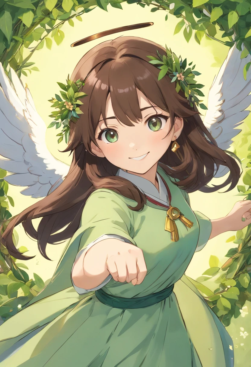 manhwa full body portrait of The Secret of Angel (True Beauty) manhwa , woman , dark brown hair, smiling, flying, olive wreath ,Traditional Thai costume blue green colors , 3D rendering, high quality, realistic, yaongyi style