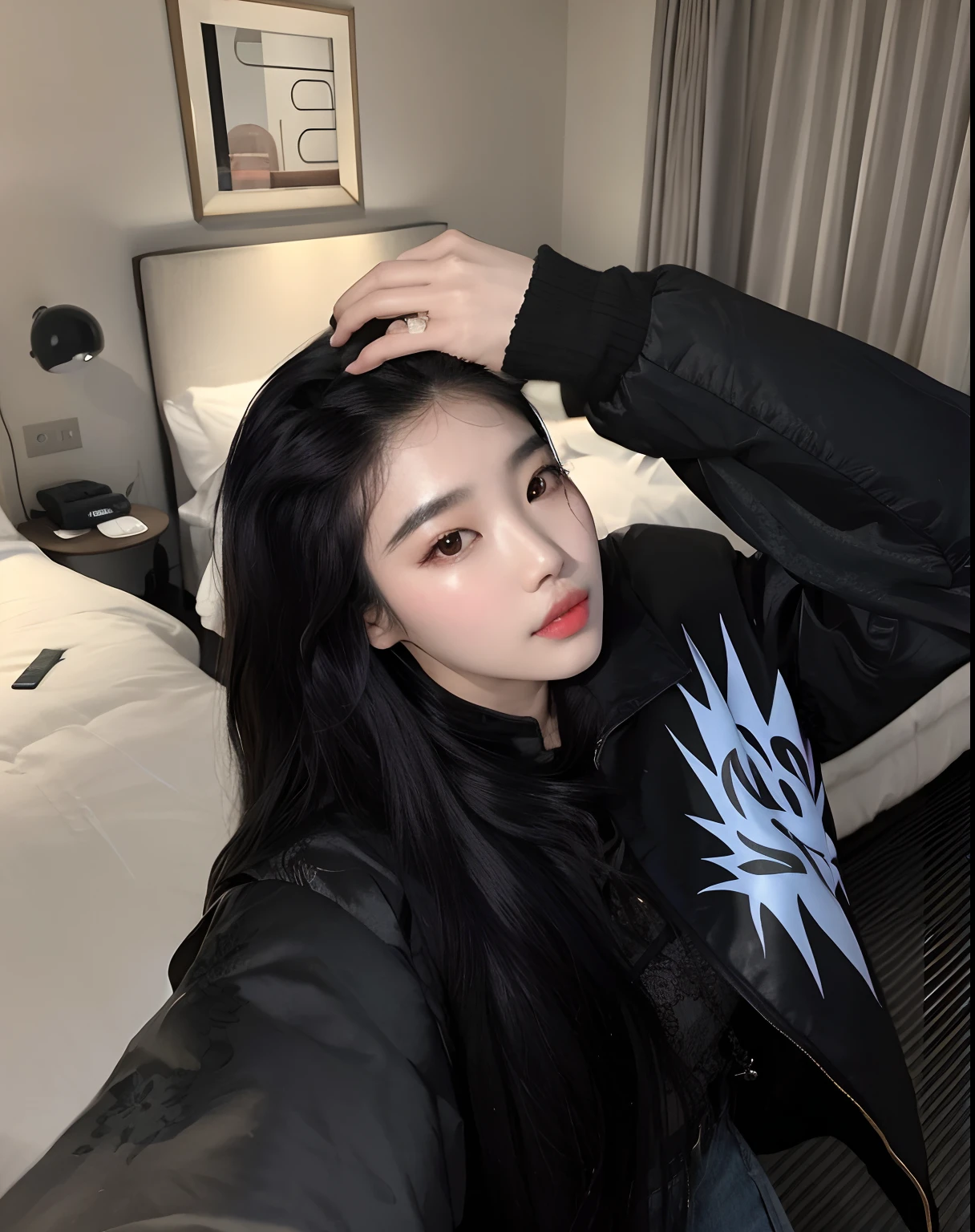 There's a woman who's taking a selfie in a hotel room, cruel korean goth girl, menina coreana, Ulzzang, Mulher sul-coreana bonita, Jinyoung Canela, iu lee ji-eun as a super villain, Mulher coreana, Heonhwa Choe, Wenfei Ye, Xision Wu, linda mulher coreana jovem, Bae Suzy, gemma chen, TaeJune Kim