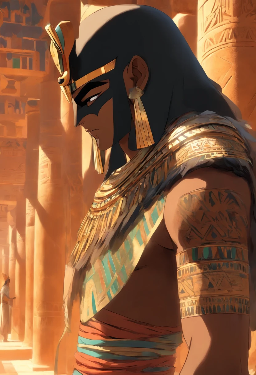 (((homem negro))) best quality, Very high resolution, CG detalhado 4K, master part, Egyptian mythology,Min,coroa,mangual,Egyptian tomb, Egito Antigo, standing pose, roupas brancas, egyptian clothes, Egyptian temple, deserto, Egito Antigo, ((flail in hands)), Egyptian palace, esthetic, Beautiful image, centrado na tela, standing pose