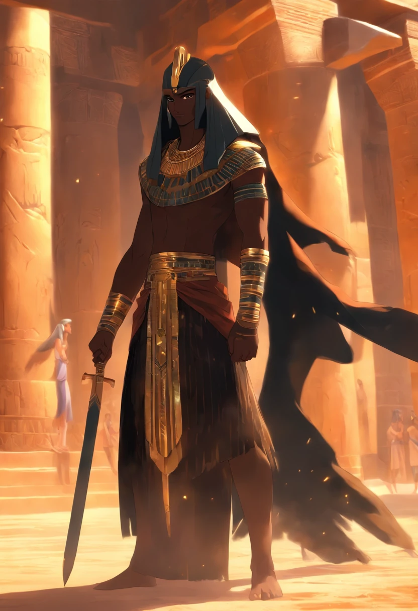 (((homem negro))) best quality, Very high resolution, CG detalhado 4K, master part, Egyptian mythology,Min,coroa,mangual,Egyptian tomb, Egito Antigo, standing pose, roupas brancas, egyptian clothes, Egyptian temple, deserto, Egito Antigo, ((flail in hands)), Egyptian palace, esthetic, Beautiful image, centrado na tela, standing pose