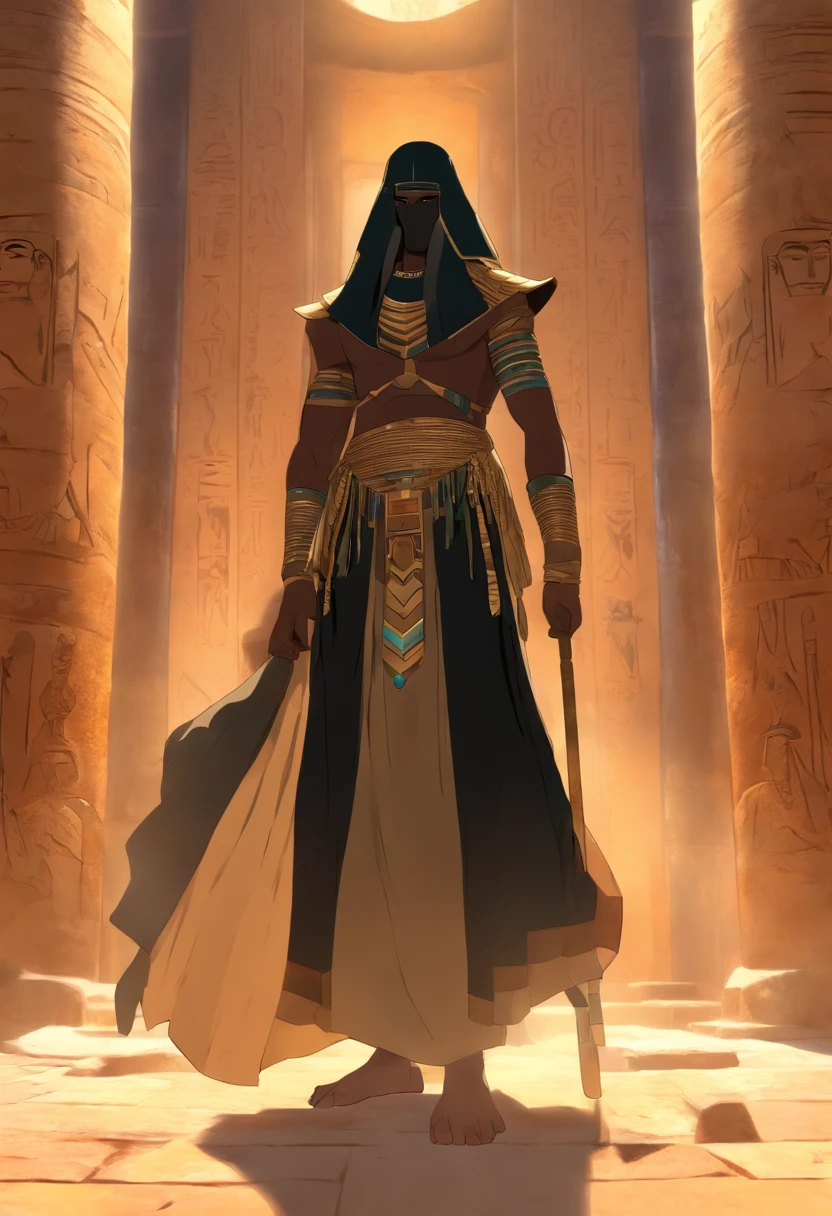 (((homem negro))) best quality, Very high resolution, CG detalhado 4K, master part, Egyptian mythology,Min,coroa,mangual,Egyptian tomb, Egito Antigo, standing pose, roupas brancas, egyptian clothes, Egyptian temple, deserto, Egito Antigo, ((flail in hands)), Egyptian palace, esthetic, Beautiful image, centrado na tela, standing pose