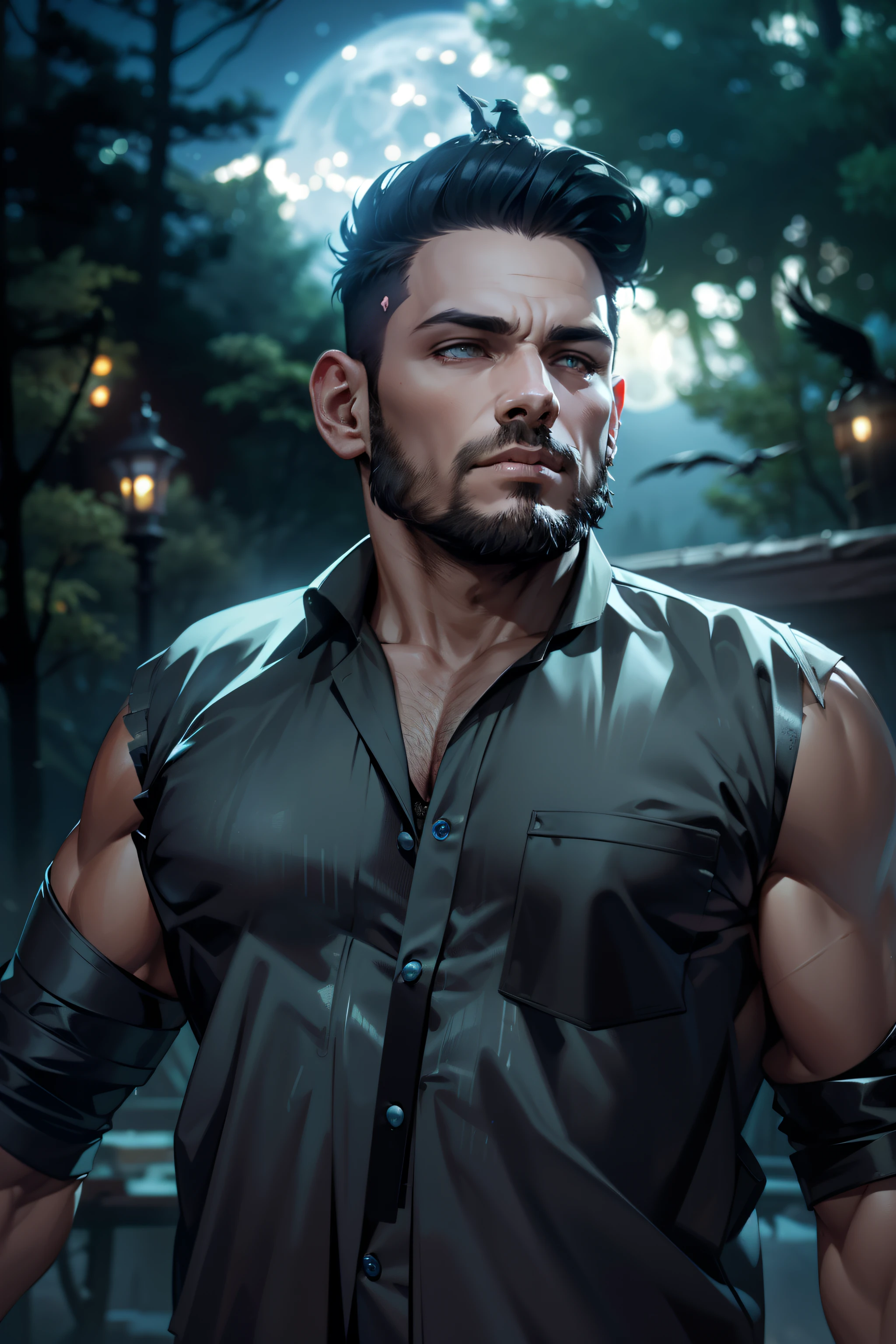 A mechanical creature combining crows and humans,Strong male body,Exterior and black,The background is the night sky and the full moon,Deep in the forest。