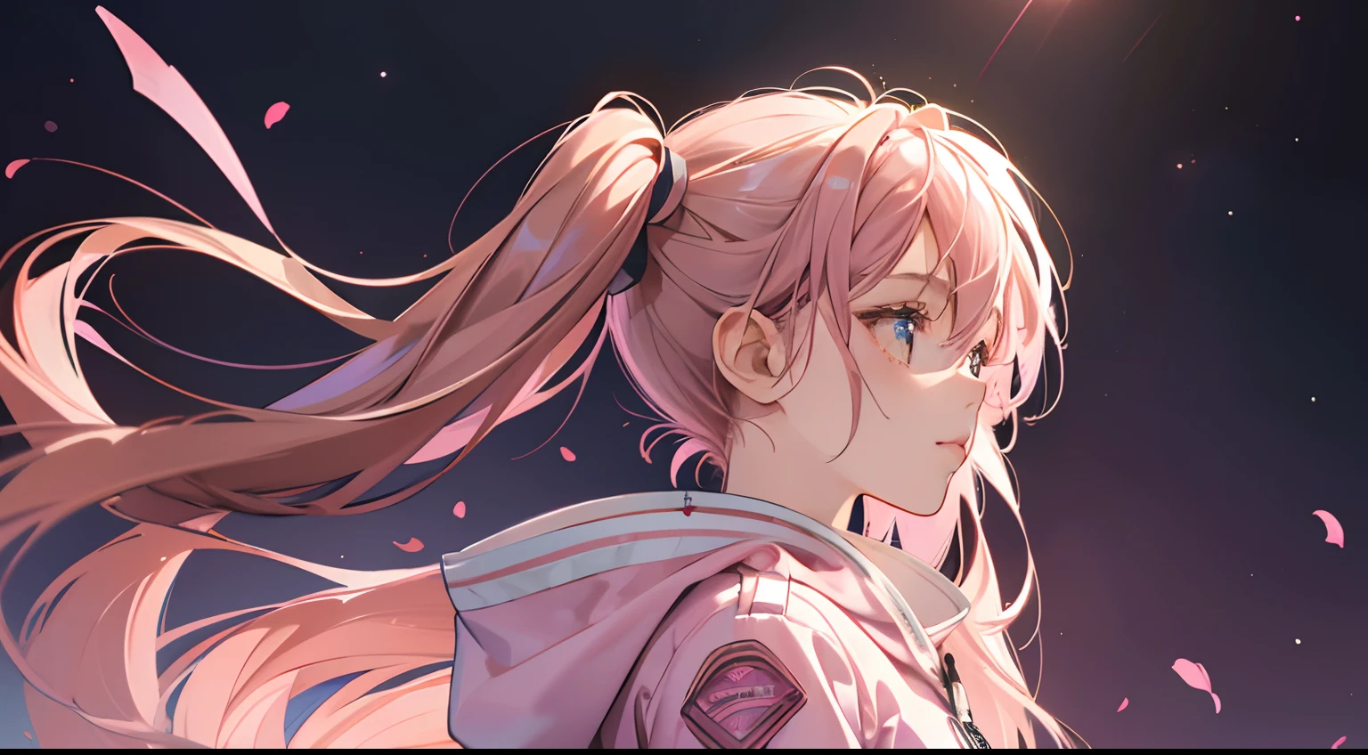 (Best Quality,4K,High resolution), girl with, Pink mesh hair on brown hair, Hair is long twin tails, eyes looking into the distance, Lonely eyes, Intricately decorated hooded pink jacket,Gradient color background without unnecessary depiction,Fluttering hair,Camera angle from below,profile、comic strip,animesque,Comical illustration,,Deformed cute illustration,