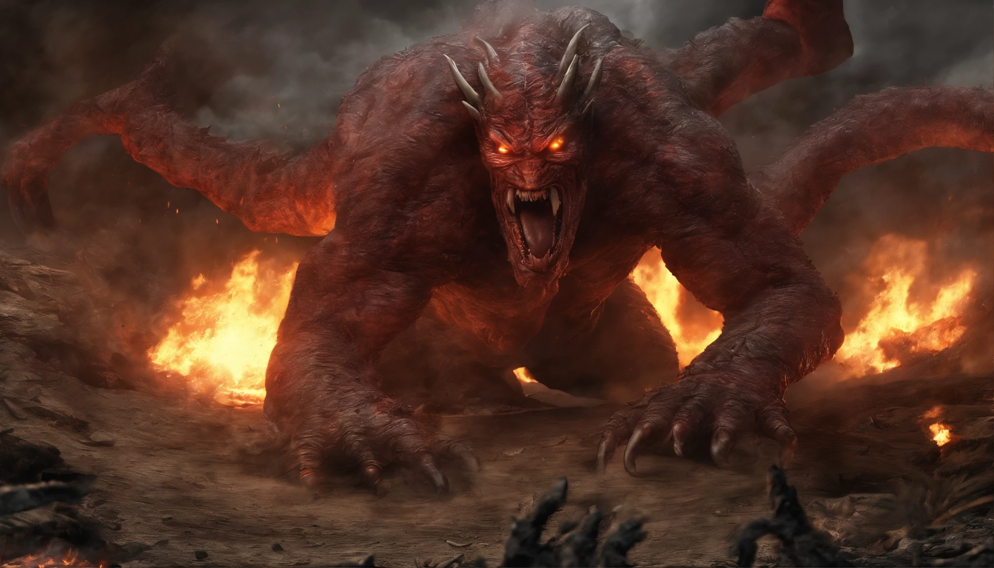 criar uma imagem realista do diabo no meio do inferno, sua boca aberta vomitando lava em chamas, seus olhos e ouvidos jogando chamas;