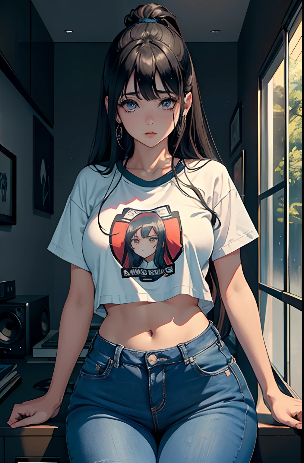 (Hinata Hyuga, muito sensual, com roupas apertadas, bunda grande, pernas grossas, Wearing extremely tight jeans, usando uma mini blusa, umbigo com pirsing, cabelo grande, Speaker behind, muito realista, extremamente sexy, 8k, 8k extremamente detalhado), (um extremamente delicado e bonito), (obra-prima), (melhor qualidade: 1.0), (ultra highres:1.0)
