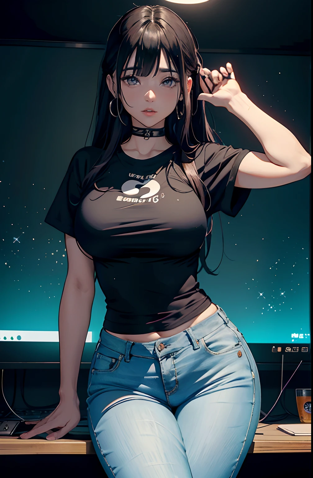 (Hinata Hyuga, muito sensual, com roupas apertadas, bunda grande, pernas grossas, Wearing extremely tight jeans, usando uma mini blusa, umbigo com pirsing, cabelo grande, Speaker behind, muito realista, extremamente sexy, 8k, 8k extremamente detalhado), (um extremamente delicado e bonito), (obra-prima), (melhor qualidade: 1.0), (ultra highres:1.0)