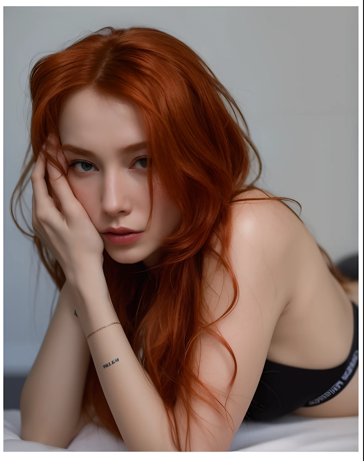 Red-haired woman lying on a bed with her hands on her face, with pale skin, pele vermelha lisa, Anna Nikonova aka Newmilky, ela tem cabelos ruivos, red head, Redhead Girl, Deusa dos cabelos ruivos, red hair and attractive features, Yelena Belova, she is redhead, mulher ruiva, smooth pale skin, pale fair skin!!