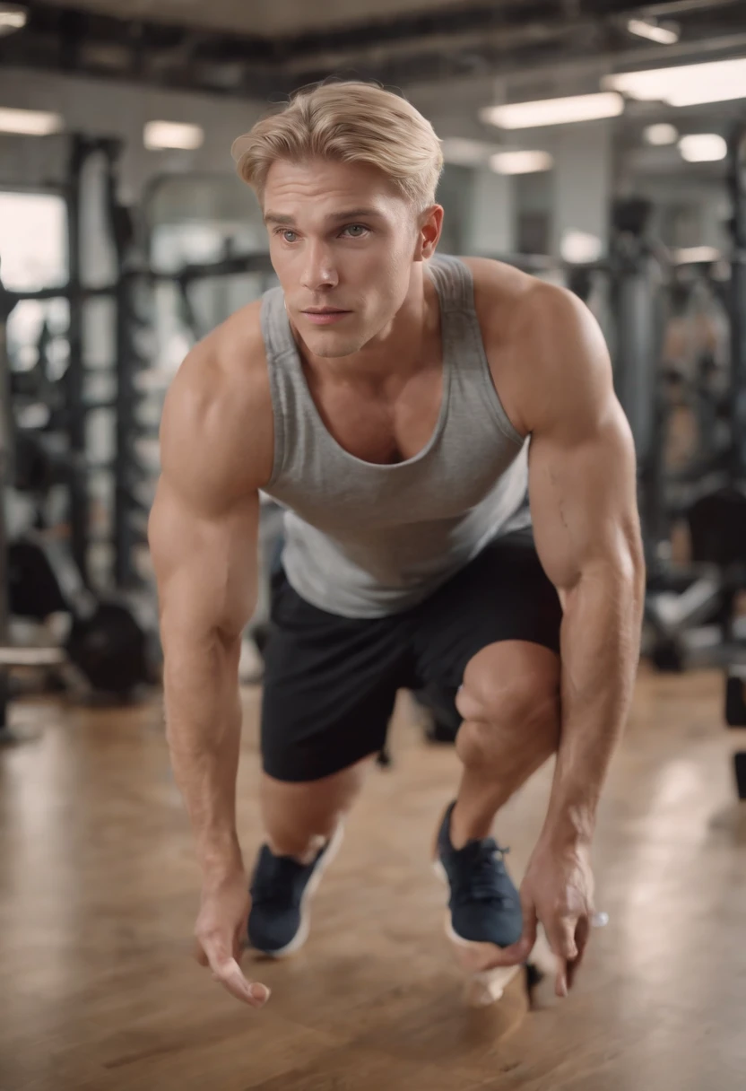 Beautiful blonde male at workout in the gym, brambles and crows, explosions ,golden ring, masculine, well defined muscular legs, full body in motion, defined body, full body, defined not hard , fitness studio background, stunning realistic, defined body, maximalism, octane render, unreal, 8k, depth of field, bokeh, black ink, 8k, hyperreal, 50mm, kodak portra 400, photograph by Martin Schoeller, Natural Light, natural skin, real skin texture