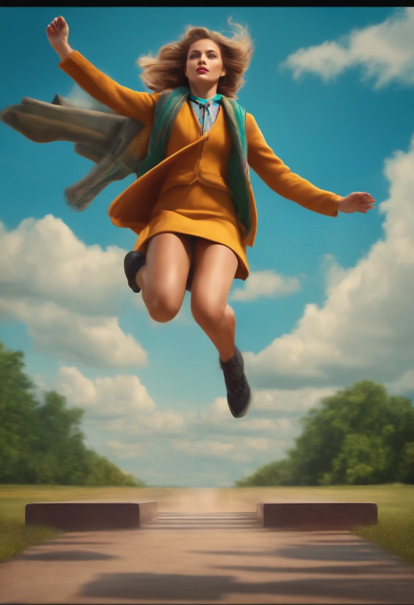 Long jump, Flying Woman, Schoolgirl, from the front side, Shoe soles