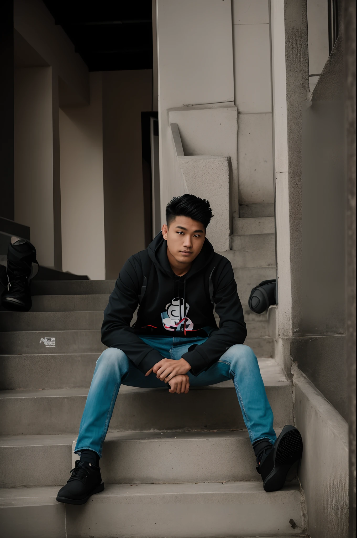 there is a man sitting on a set of stairs with his feet on the steps, modeling shoot, casual photography, shot on sony a 7, taken with canon 8 0 d, taken with canon eos 5 d mark iv, photo taken with canon 5d, very artistic pose, taken with canon 5d mk4, taken with sony alpha 9