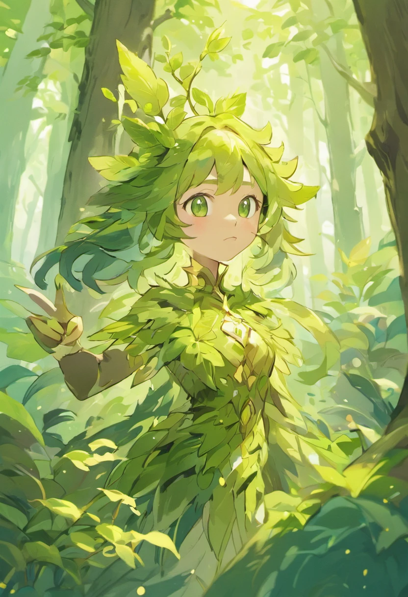 Generate a digital representation of a Forest Elemental, a humanoid being embodying a lush forest.
1. **Physical Features:**
   - Bark-like texture with wood grain and moss.
   - Branch-like limbs with vines and leaves.
   - Expressive face with glowing green and gold eyes.

2. **Color Palette:**
   - Dominant shades of green, hints of browns, blues, and purples.

3. **Lighting and Atmosphere:**
   - Soft, diffused forest-like lighting.
   - Background of a dense forest with sunlight filtering through.

4. **Pose and Composition:**
   - Confident posture exuding protection and guardianship.
   - Mid-shot focus on the upper body and facial details.

5. **Expression and Ambiance:**
   - Tranquil and wise facial expression.
   - Ambiance of harmony and connection to nature.

Ensure the image captures the organic and mystical qualities of a forest elemental.