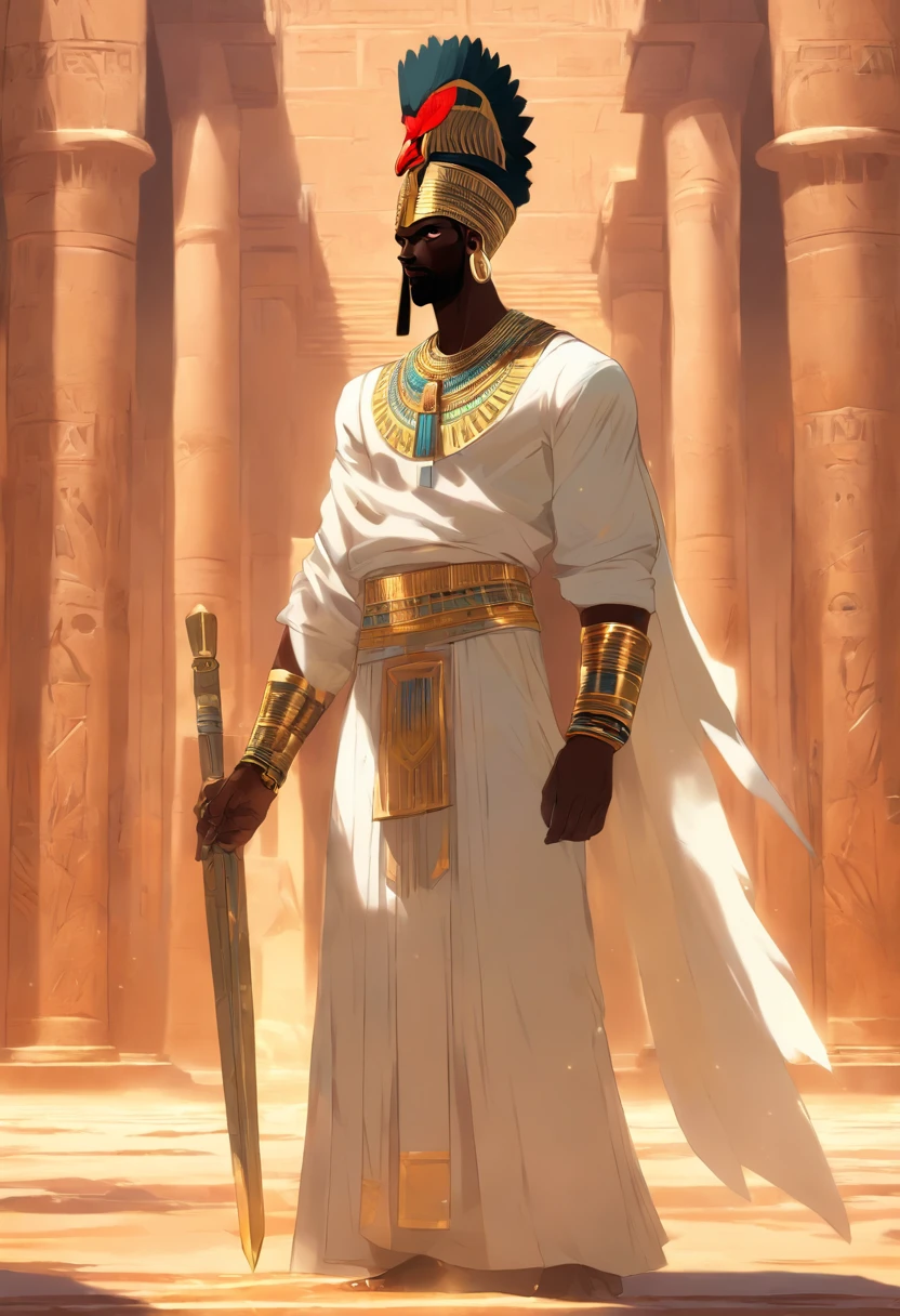 (((Black man black cock))) best quality, very high resolution, 4K detailed CG, master piece, Egyptian mythology,Min,Egyptian tomb, Ancient Egypt, standing pose, white clothes, Egyptian clothes, Egyptian temple, desert, Egypt Ancient, ((flail in hand)), Egyptian palace, aesthetics, Beautiful image, centered on canvas, standing pose