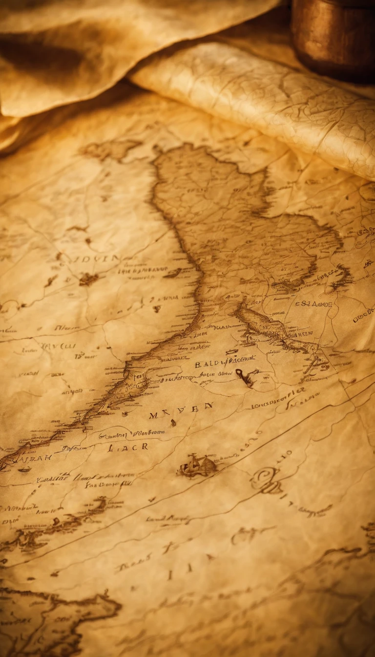 Realistic pirate map charting a route to hidden treasure marked by X on an old and antique paper