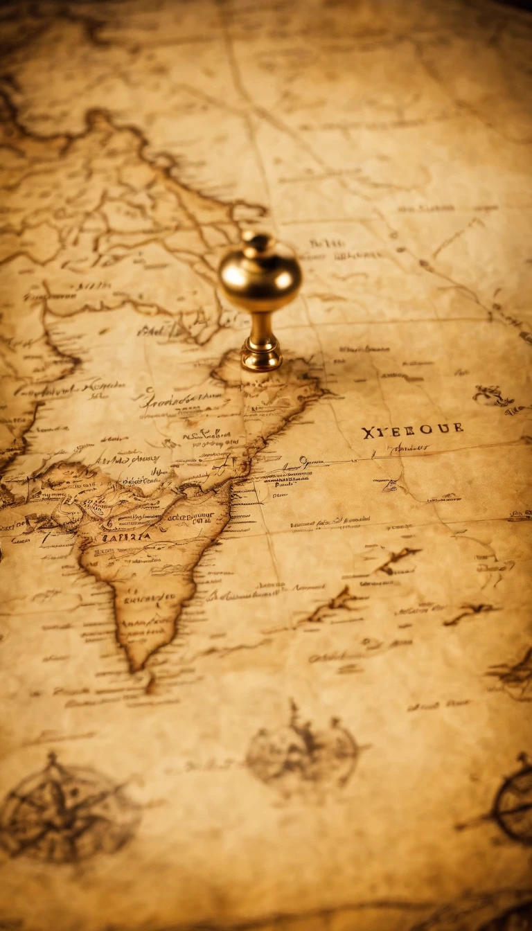 Realistic pirate map charting a route to hidden treasure marked by X on an old and antique paper