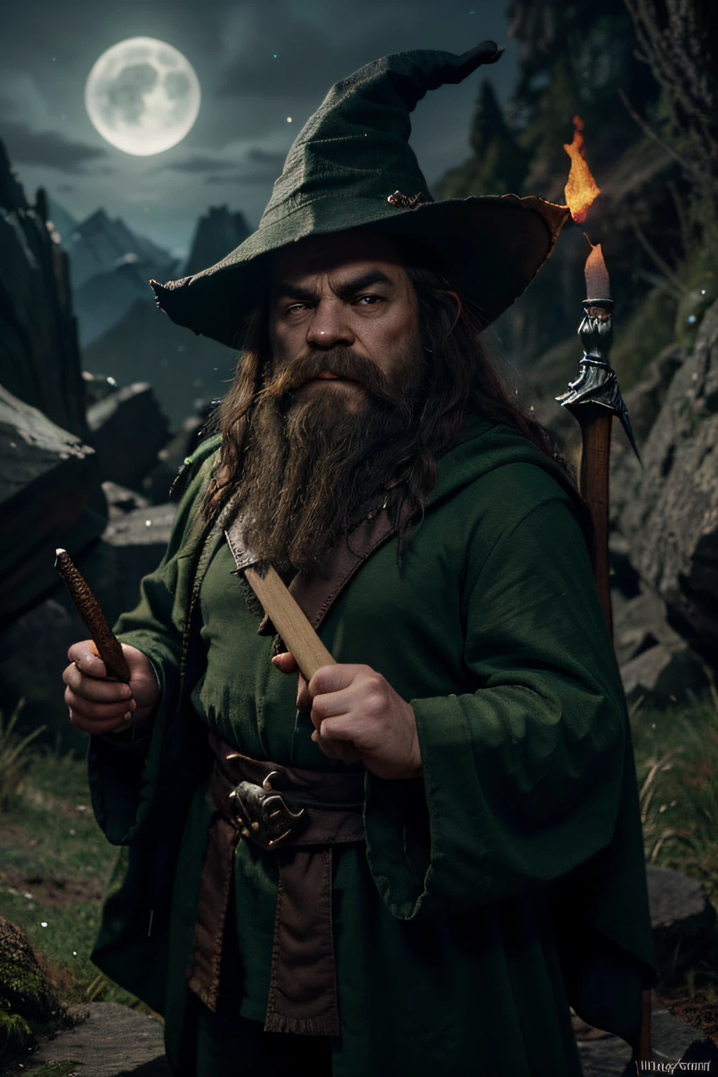 dwarf, short, wizard, pointy hat, dark fantasy, big wooden staff, crystall orb on staff, green robes, smoking weed, high, bloodshot eyes, on mountain, night, casting fireball, angry face loughing, big round nose, dark fantasy, super detailed, realism, dnd, dungeons and dragons, lord of the rings, world of warcraft