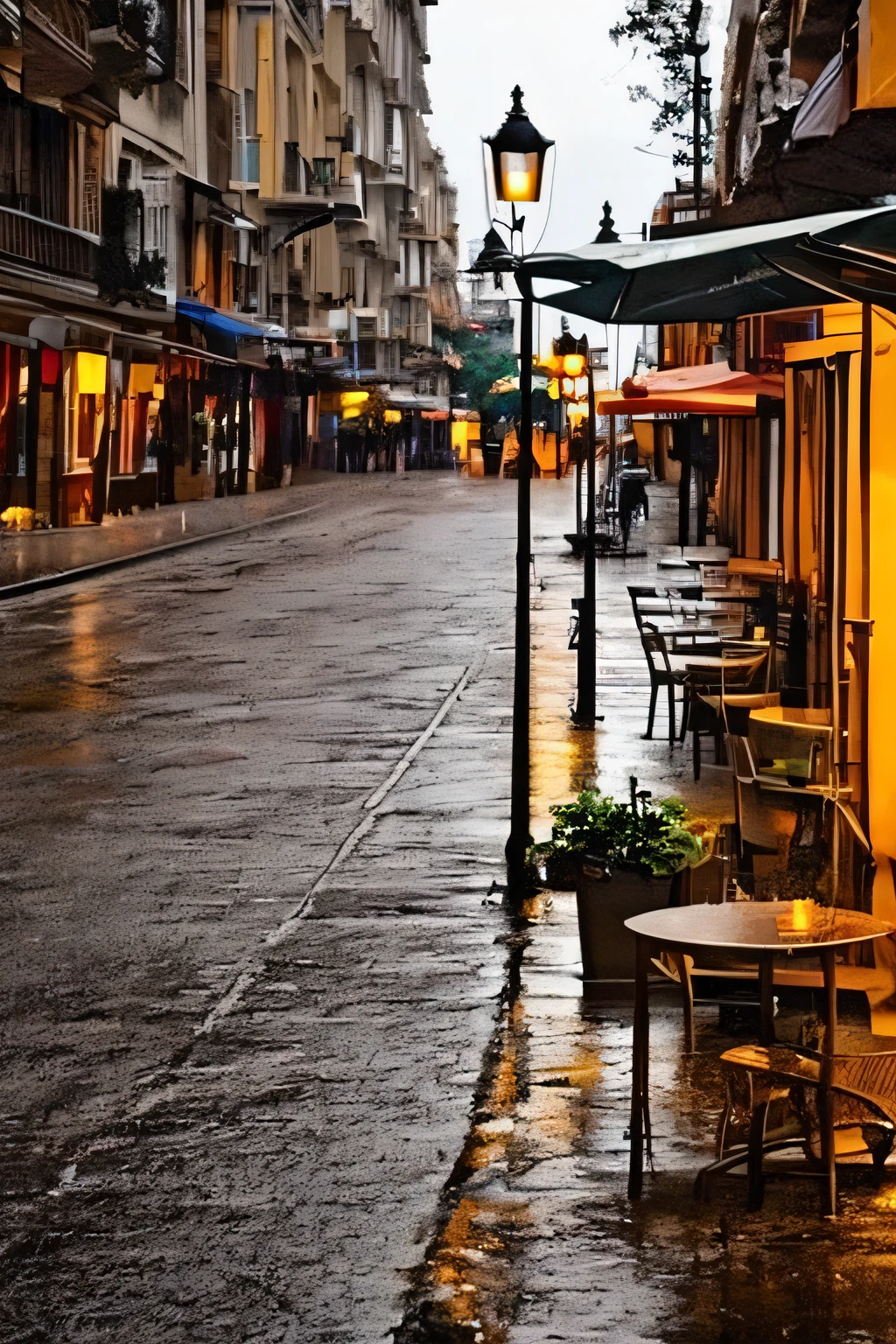 an empty cafe on the street, nostalgic hues, no people around, rainy day, wet pavement, warm colored streetlights, quiet atmosphere