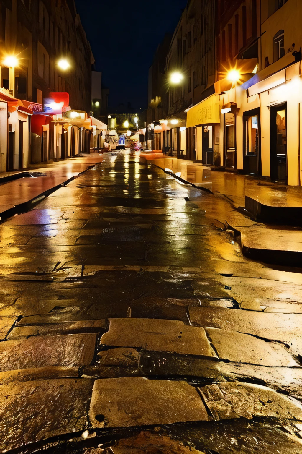 an empty cafe on the street, nostalgic hues, no people around, rainy day, wet pavement, warm colored streetlights, quiet atmosphere