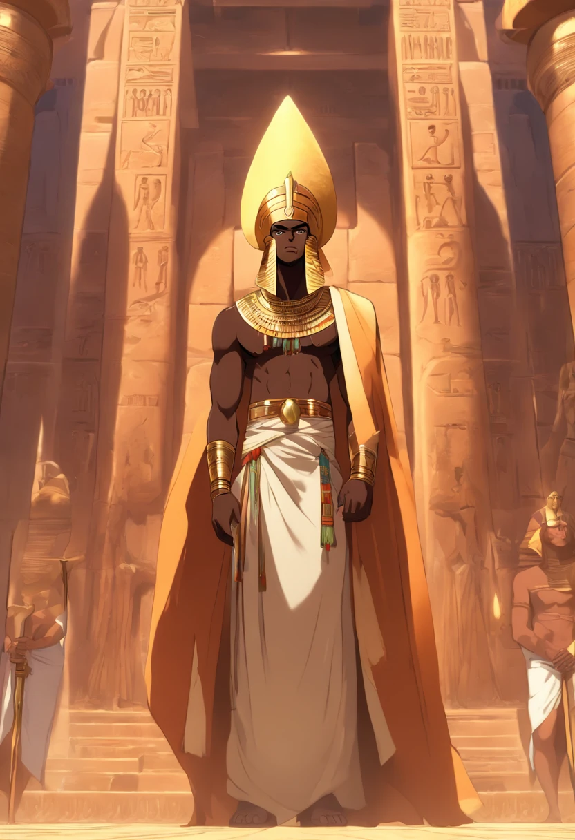 (((Big dick black man))) best quality, ultra high resolution, 4K detailed CG, master piece, Egyptian mythology,Min,Egyptian tomb, Ancient Egypt, standing pose, white clothes, Egyptian clothes, Egyptian temple, desert, Egypt Ancient, ((flail in hand)), Egyptian palace, aesthetics, Beautiful image, centered on canvas, standing pose