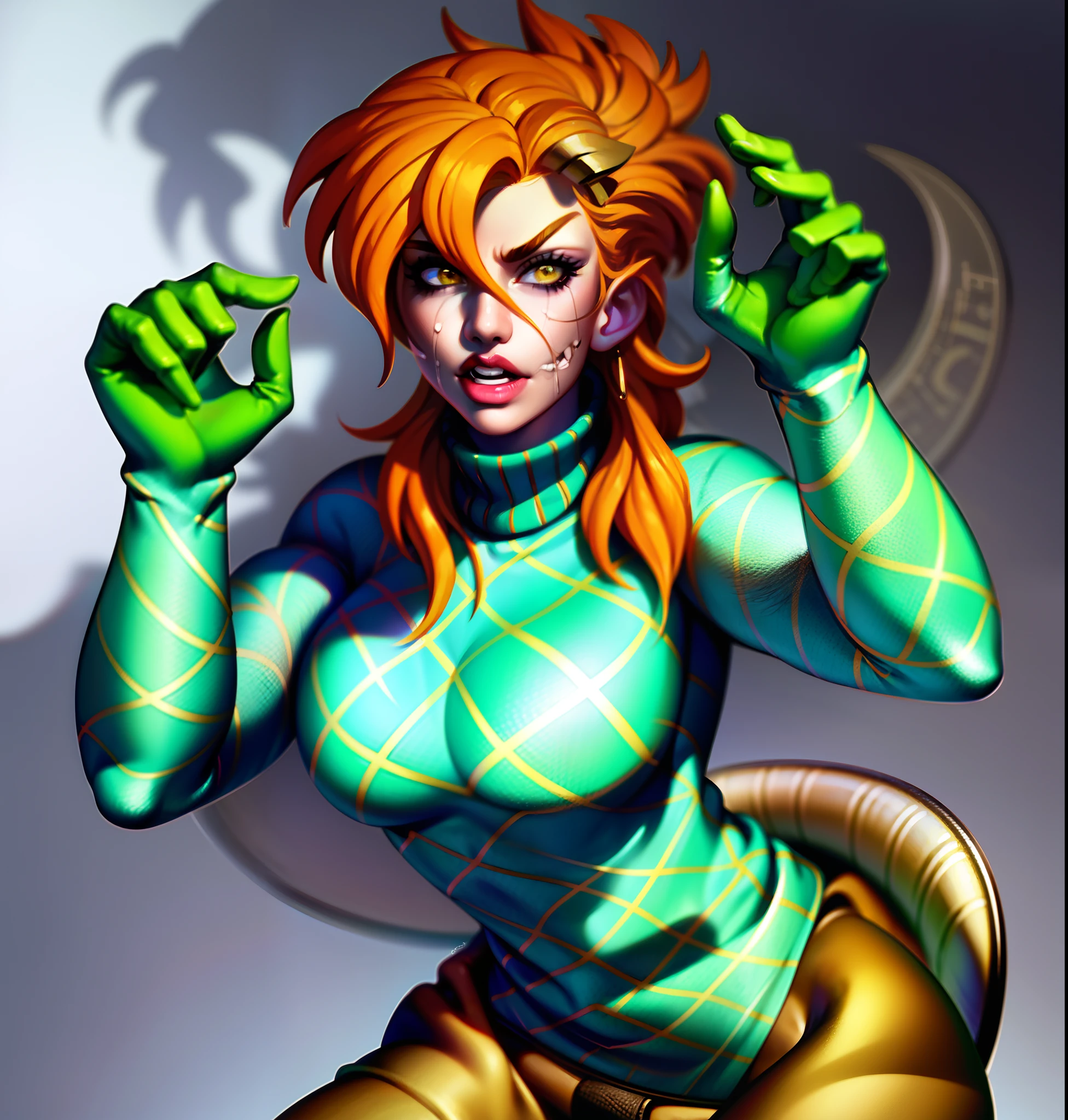 Female, (8k, best quality, masterpiece: 1.2), (finely detailed hair), diegojojo, bandage, fangs, teeth, solo, araki hirohiko (style), 1girl, yellow eyes, lips, blonde hair, raised hands, green shirt, sweater, boobs, masterpiece, best quality, ultra-detailed digital art, detailed, high resolution, detailed desert canyon background, photographic desert background, official art, extremely detailed CG 8k unity wallpaper, perfect lighting, colorful, Bright_Front_face_Lighting, glowing skin, (masterpiece:1.0),(best_quality:1.0),