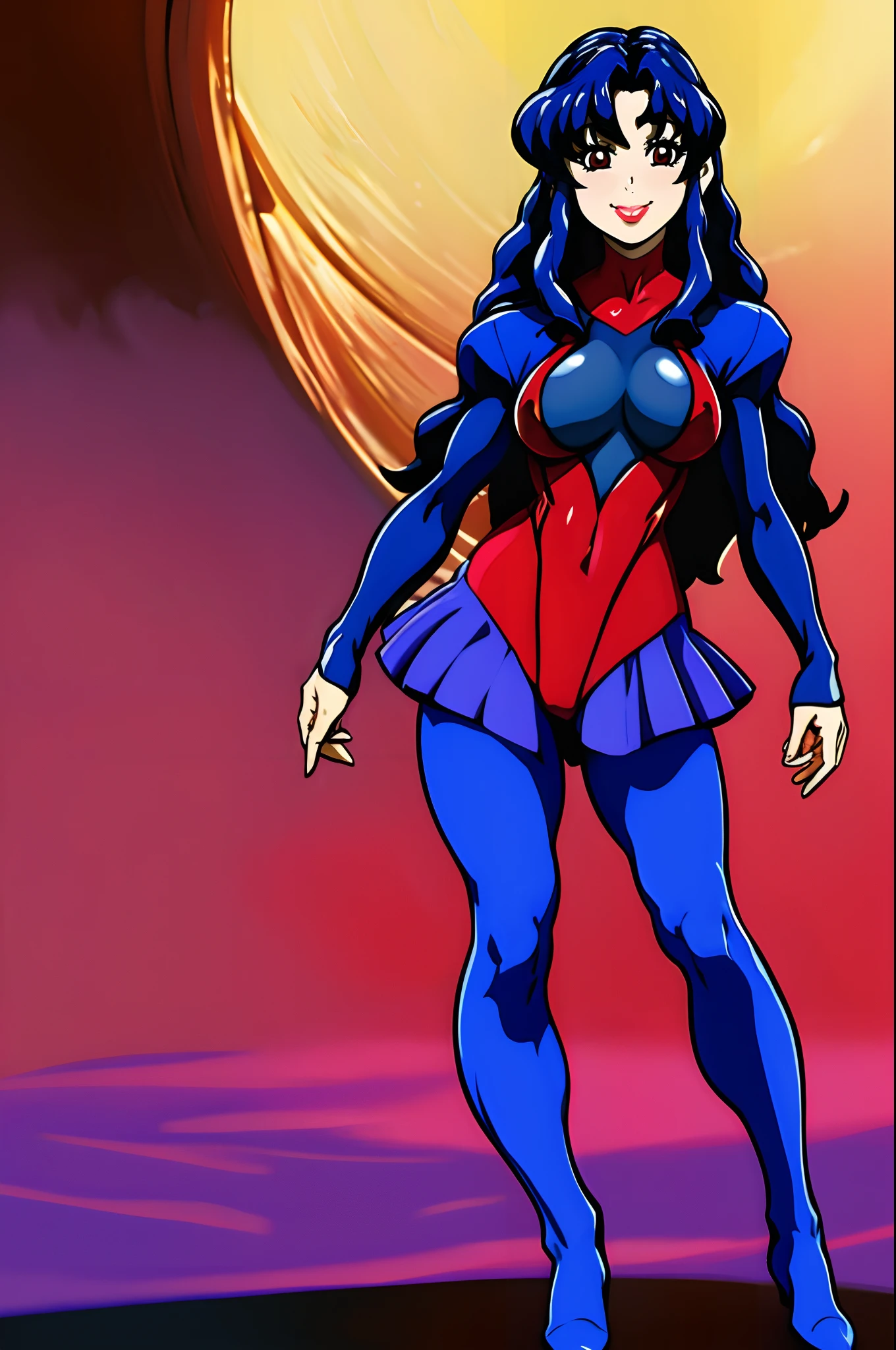 leotard, calm facial exprecion, blue hair, red eye, leotard, big shoulders, sleeves, medium breast, boots, long hair, skirt, smile, half lips stic inferion lip, red lipstic, long hair, messy hair, smile, ong hair, standing solo, full body, boots,, body suit, mini skirt