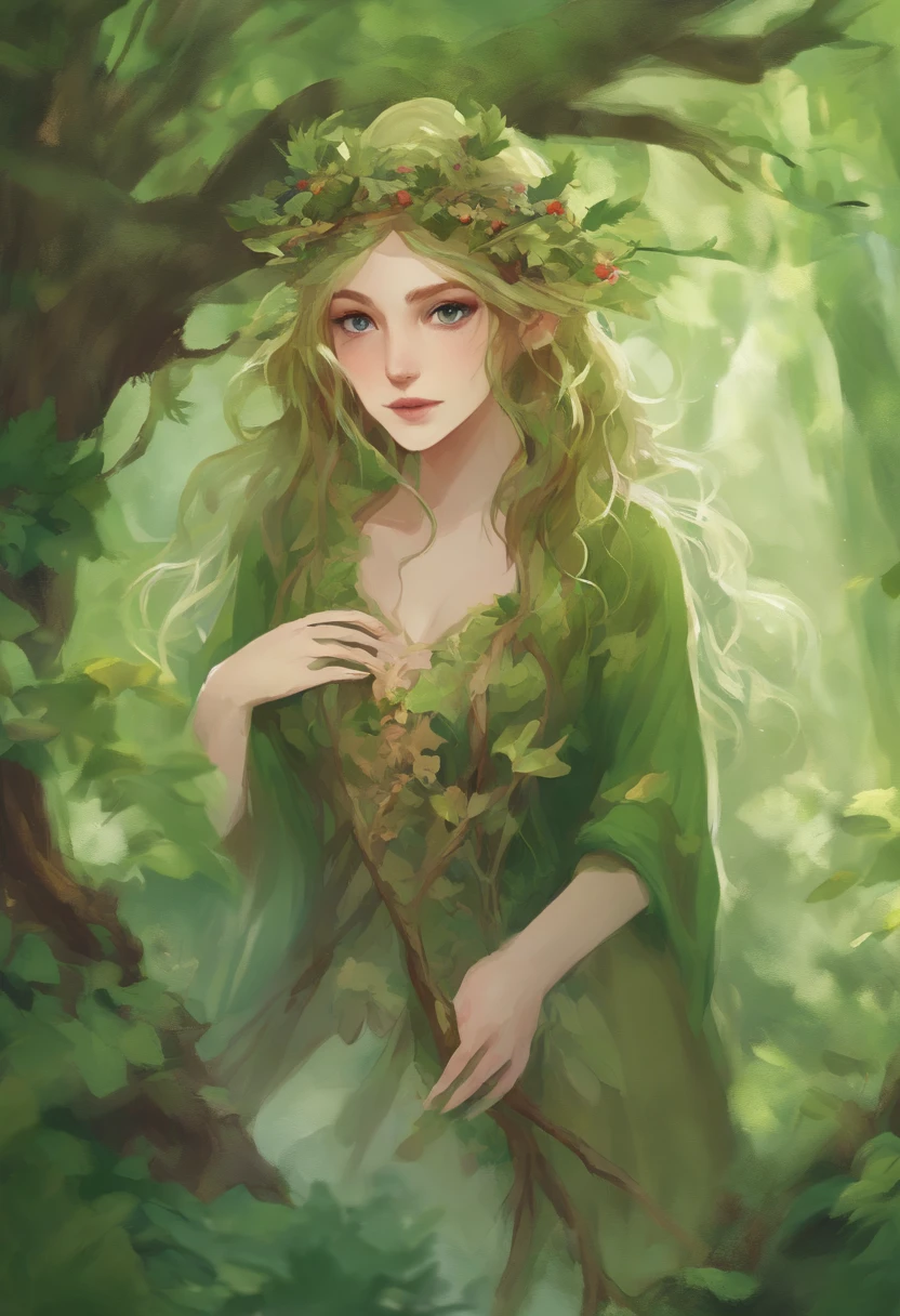 Generate a digital depiction of a Forest Elemental, an ethereal being resembling the essence of a lush forest.
1. **Physical Features:**
- Composed of intertwining vines, moss, and woody textures.
- Limbs resembling branches with small vines and leaves.
2. **Color Palette:**
- Predominantly varying shades of green, resembling leaves and moss.
- Subtle accents of earthy browns, blues, and purples for depth.
3. **Lighting and Atmosphere:**
- Soft, natural light simulating forest settings.
- Background of a dense forest with dappled sunlight.
4. **Pose and Composition:**
- Graceful and dynamic posture, blending with the forest.
- Medium shot focusing on overall form and natural textures.
5. **Expression and Ambiance:**
- Facial features blend seamlessly with the surroundings.
- The ambiance should evoke a sense of natural harmony and mystique.
Create an image capturing the organic, mystical essence of a forest elemental.