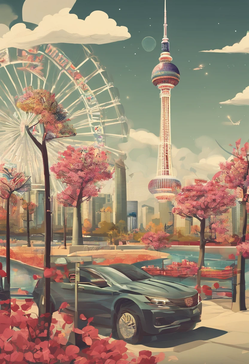 Tianjin propaganda poster,Tianjin Eye Ferris wheel,Skytower TV Tower,Century Clock