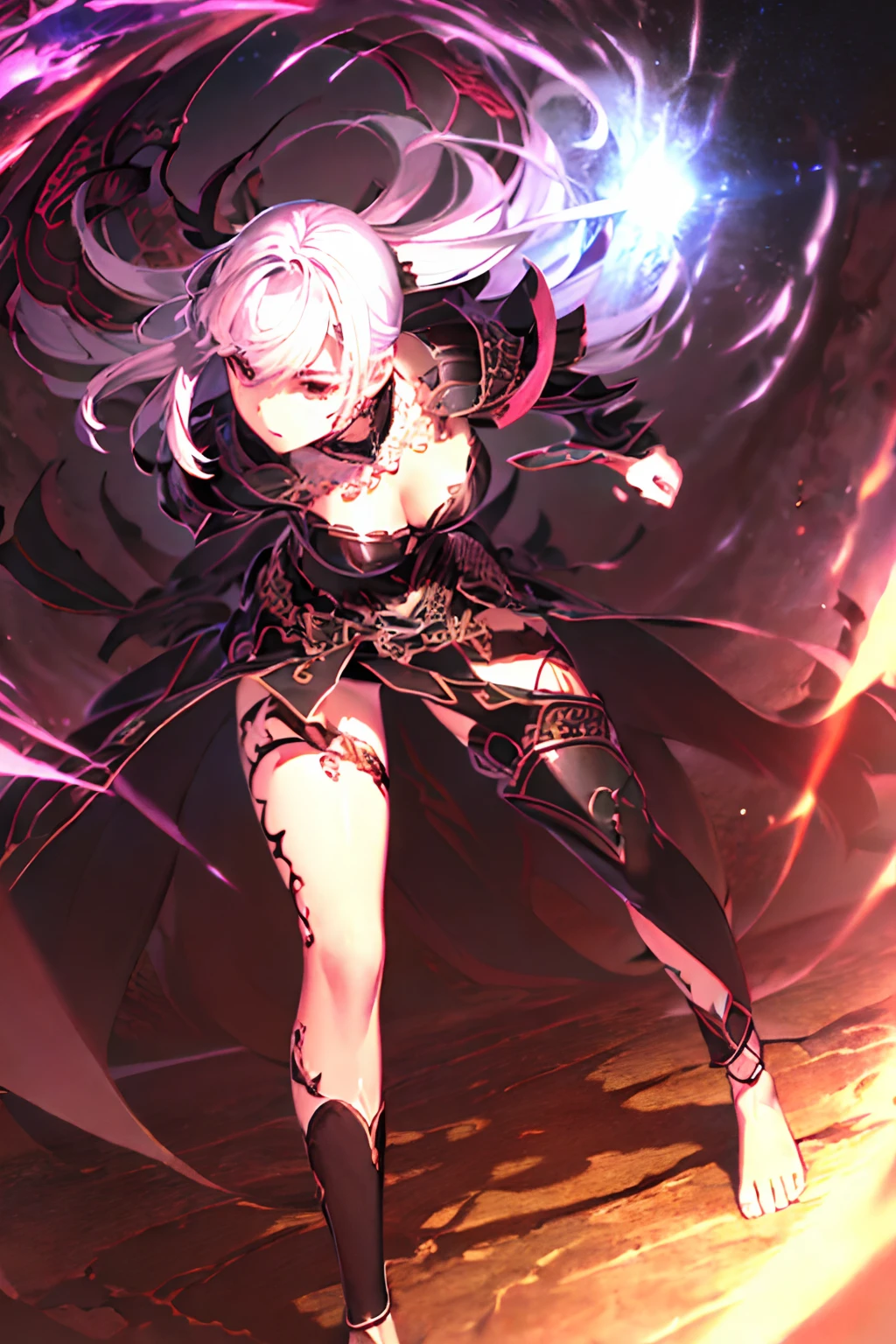((Dark Sakura)), ((Sakura Matou)), ((Barefootl)), (Armor), Black Armor, Magical Armor,(High Resolution), (8K), (Very Detailed), (Best Illustration), (Beautiful Detailed Eyes), (Best Quality), (Super Detailed), (Masterpiece), (Wallpaper), (Detailed Face), Solo, (Dynamic Pose), One Girl, White Hair, Medium breasts, long legs, ((Light Armor))