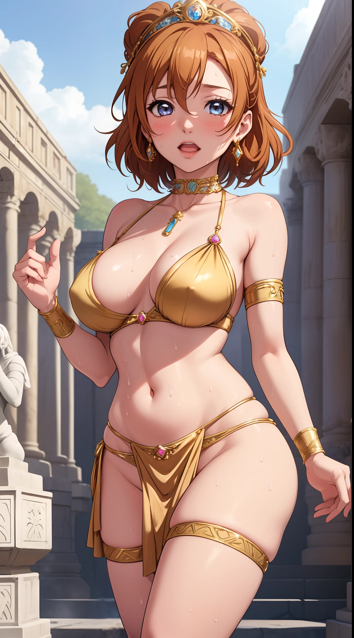 Kousaka honoka, in an ancient Roman coliseum with many statues, wearing a silk loin cloth and nipple covers and diamond earrings and golden choker, legs spread wide open, portrait, masterpiece, highly detailed,big breasts, sweating, sweaty