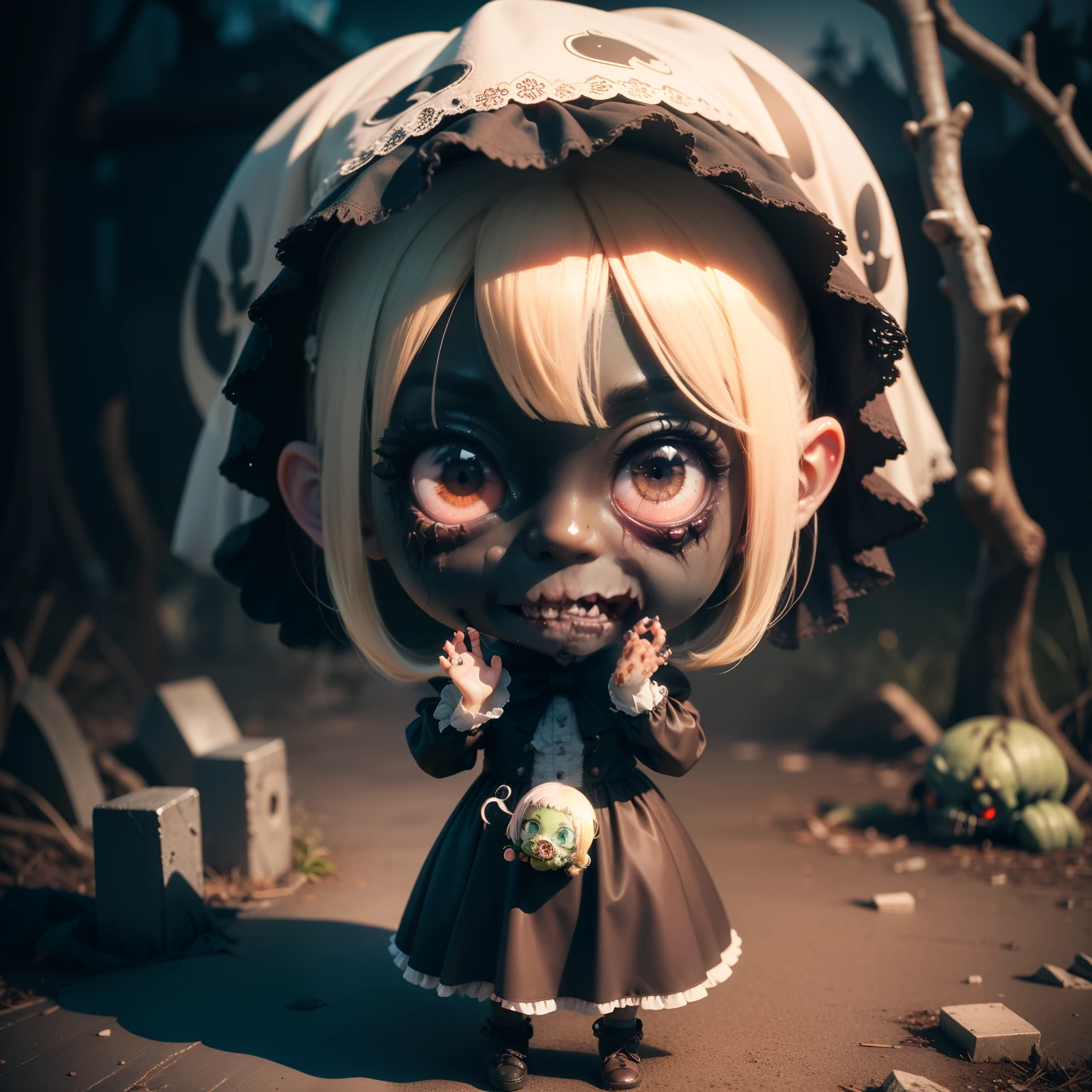 Cute Baby Chibi Anime,(((Chibi 3D))) (8k wallpapers with highly detailed CG units, masutepiece, Best Quality, Ultra-detailed), (The best lighting, Best Shadow), (Perfect and symmetrical surface (((Zombie Woman, rotting skin))), With eyes that reflect the beauty of the world), Attractive, floating, High resolution, Dynamic Angle, Dynamic Pose, graveyard background, Spooky and eerie night.weddingdress、Hair veil(Chibi:1.5) Waving and bye-bye