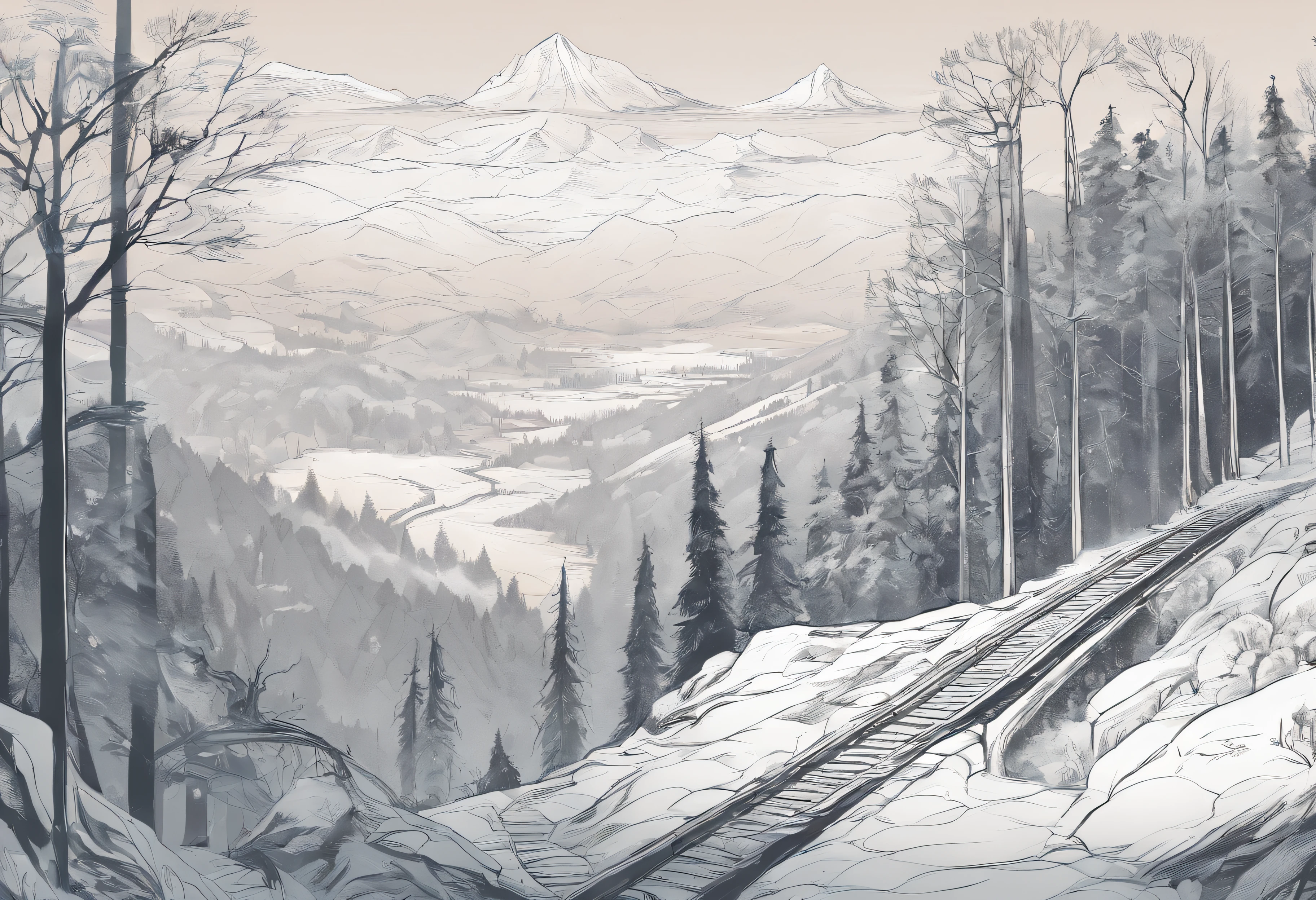 Landscape, hills, deciduous forests, line art illustration, ln the forest, Hand drawn illustrations, illustration, pattern designs, Fantasy Forest, winter, snow, train